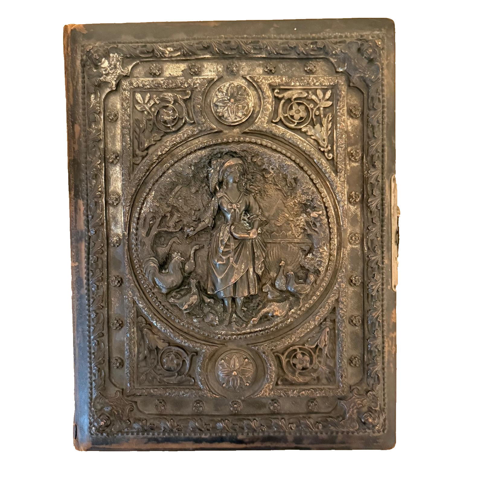 ANTIQUE LATE VICTORIAN LEATHER PHOTO ALBUM HIGH RELIEF METAL COVER C.1880