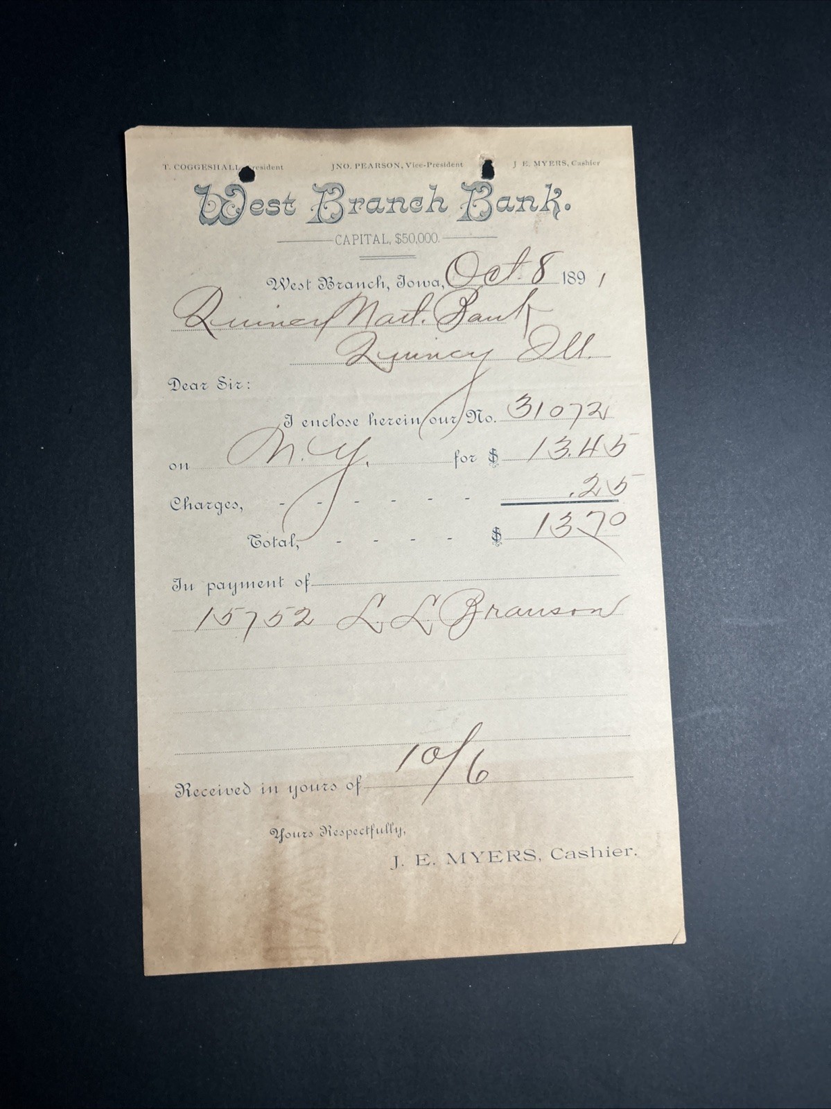 1891 West Branch Iowa West Branch Bank Financial Document 