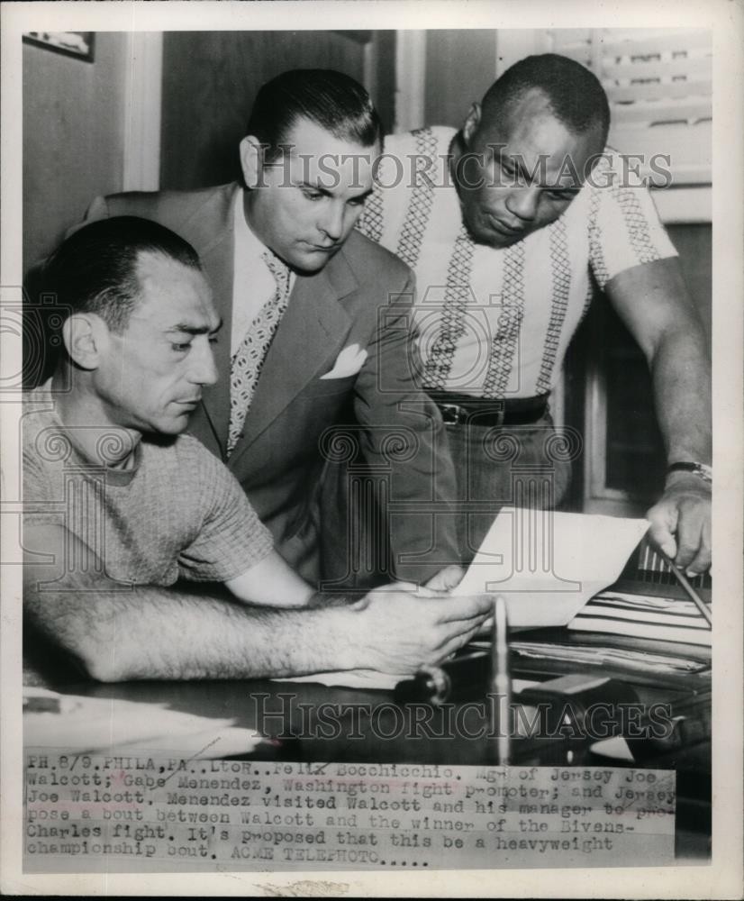 1948 Press Photo Felix Bocchicchio manager of Jersey Joe Walcott, Gabe Menendez