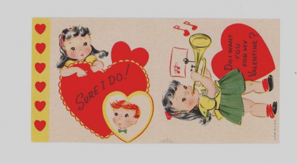 Vintage Valentine Card   GIRL PLAYING MUSIC  WITH HORN FOLDS NOS  UNUSED