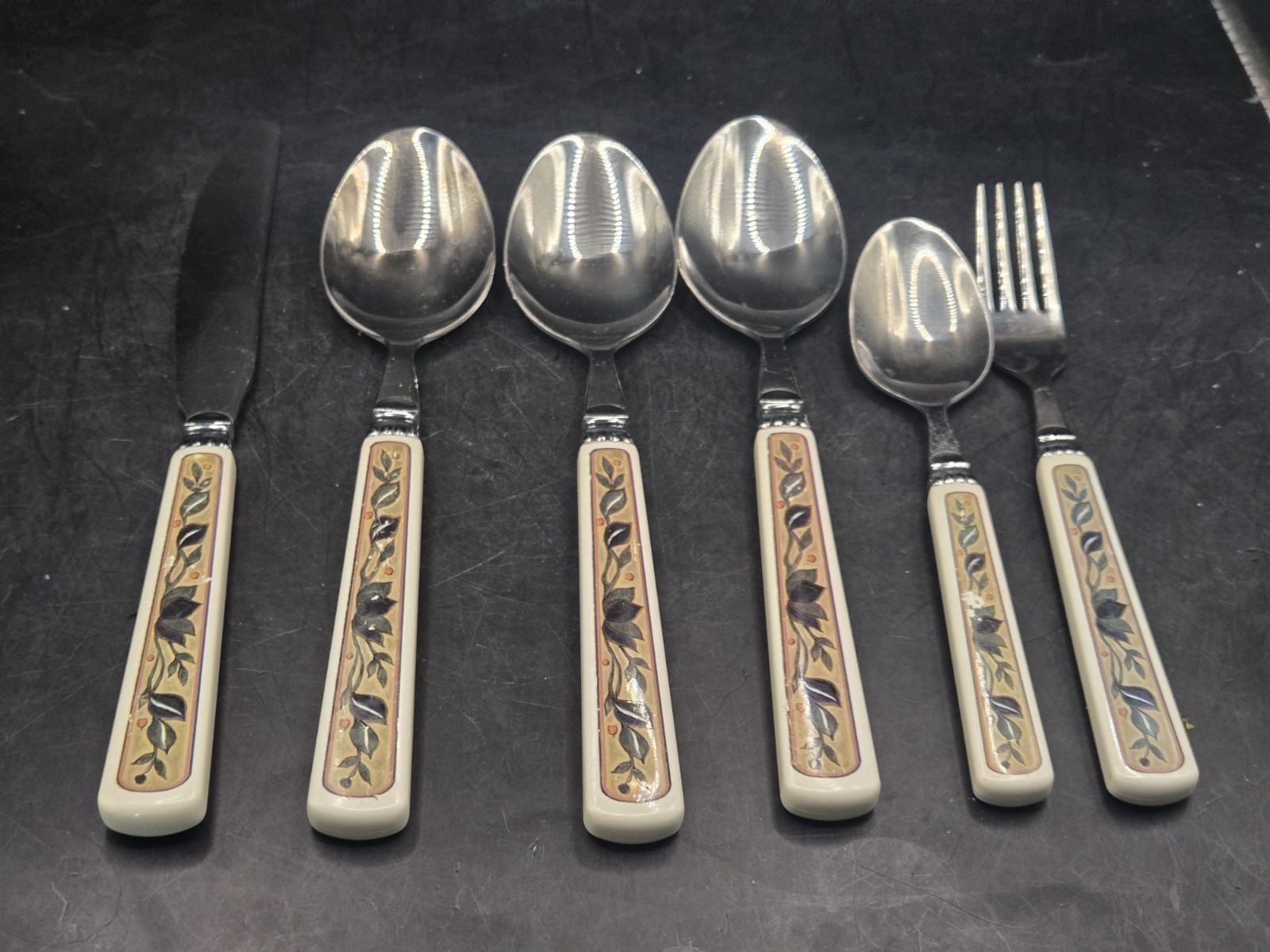 6 Pc Vtg Mikasa Intaglio Arabella Flatware 1 Ea-Knife Teaspoon Fork 3-Soup Spoon