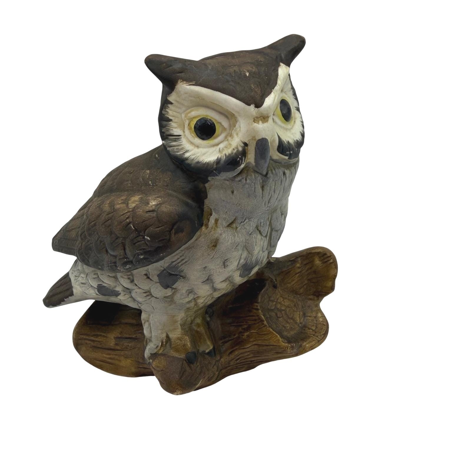 Vtg Norleans Ceramic Horned Owl Figurine Hand Painted Bird Statue Brown Grey