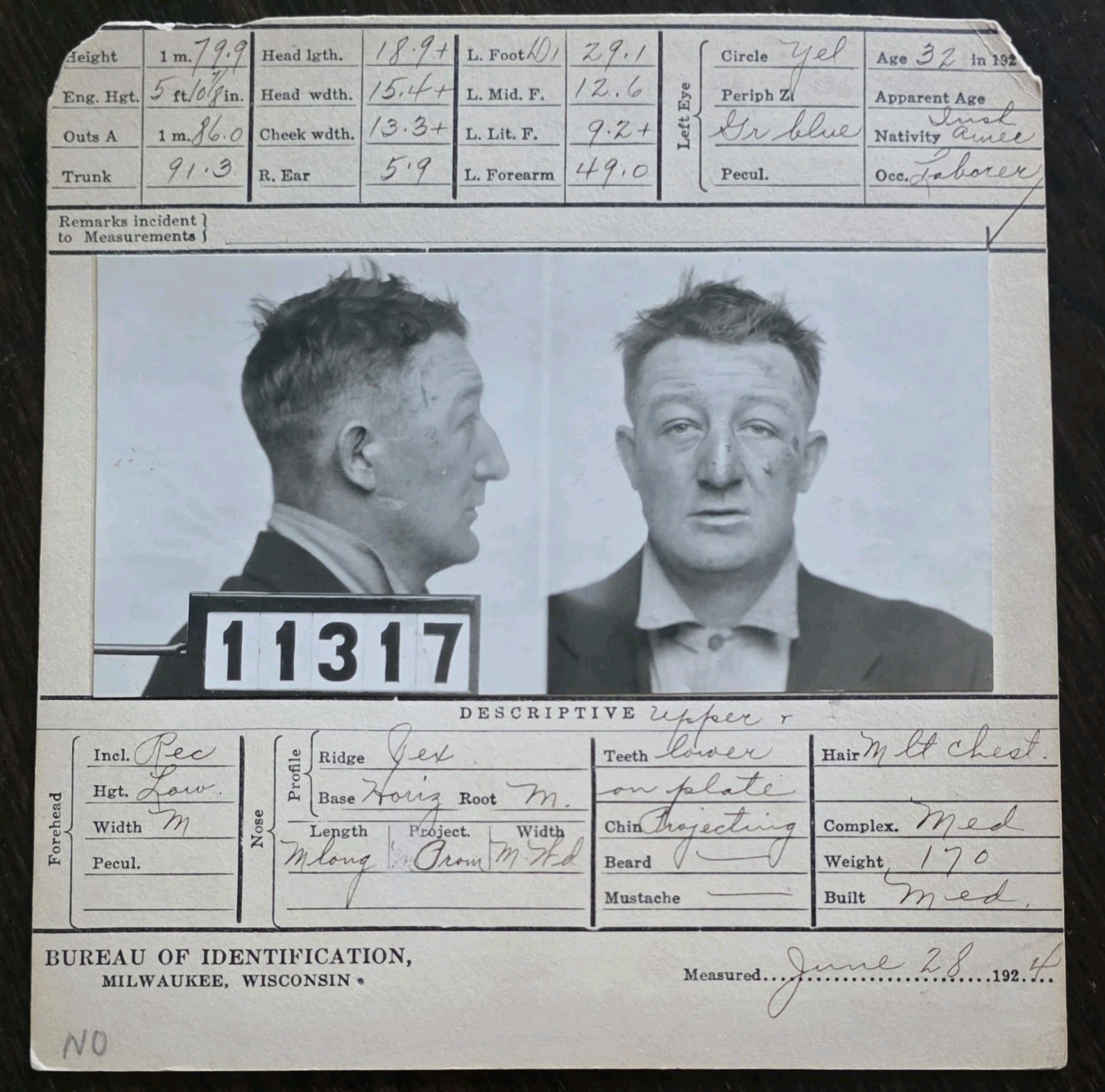 Antique 1924 Milwaukee Bureau of Identification Mugshot Card LGBTQ  Ephemera