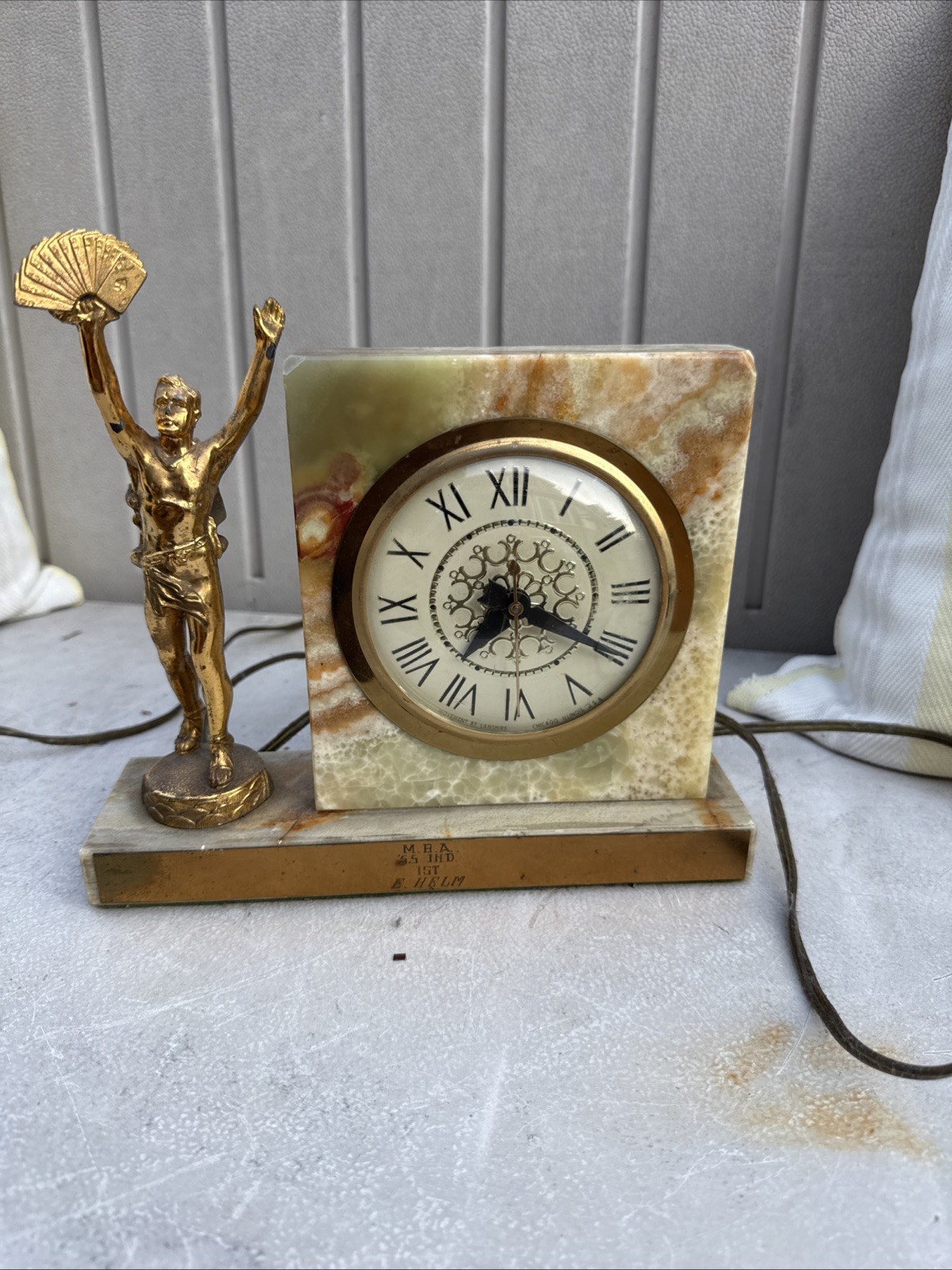 Lanshire Self-Starting Electric Mantel Clock On Marble Onyx/Trophy Statue Works