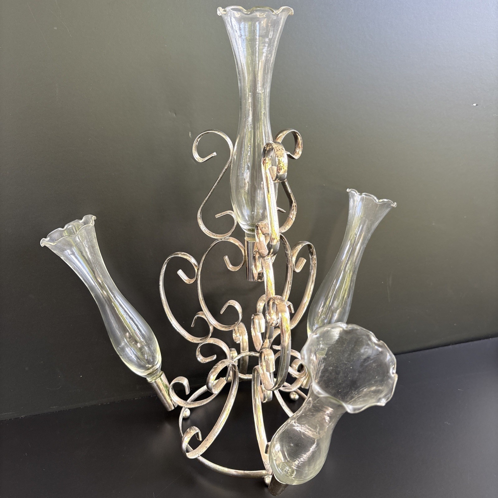 Vtg Victorian Silver Plated Epergne Flower Stand 4 Swung Glass Vases Centerpiece Vtg Victorian Silver Plated Epergne Flower Stand 4 Swung Glass Vases Centerpiece