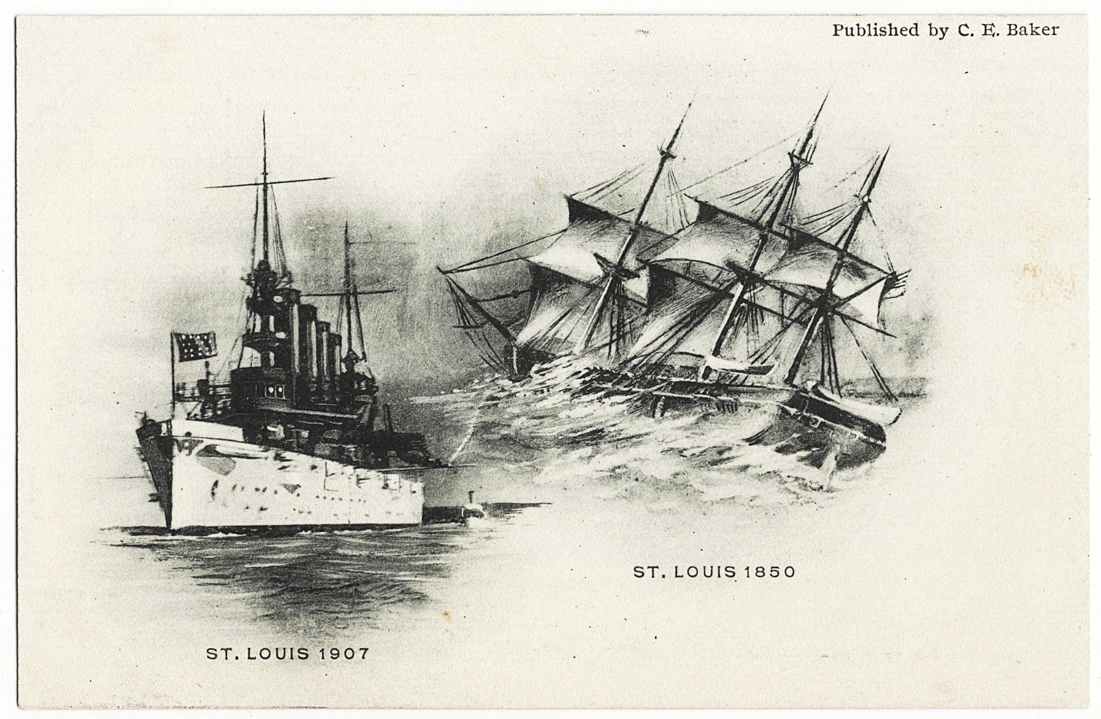 US Navy Battleship St Louis In 1907 and 1880 antique postcard