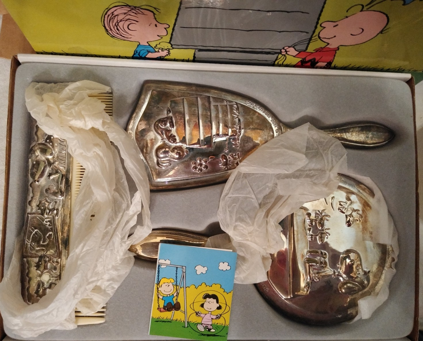 Vtg Peanuts Snoopy 3 Piece Adult Silverplated Dresser Set Comb Brush Mirror *NOS