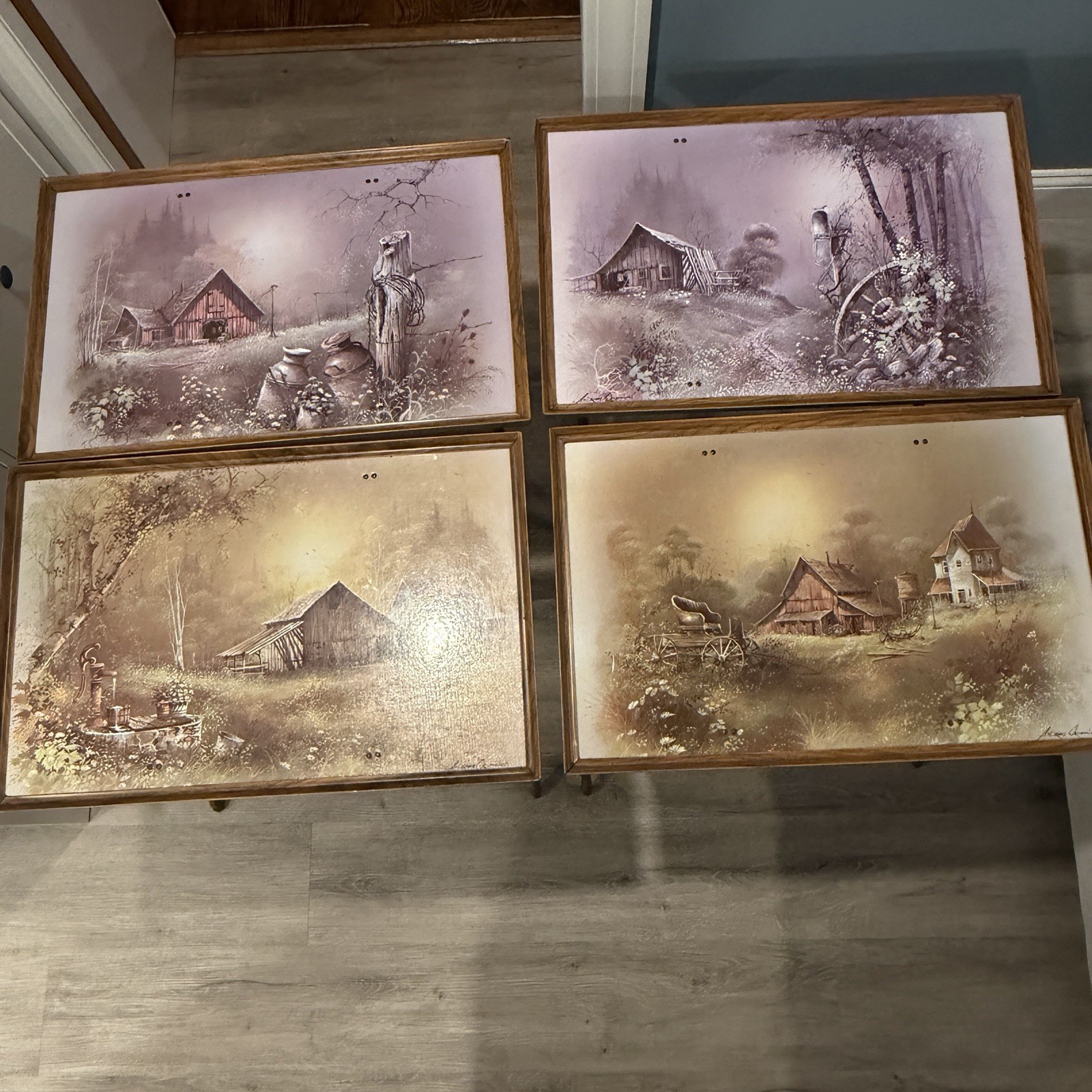 Vintage Set of 4 Andres Orpinas TV Trays Farmhouse Rustic Country Barn Scene MCM