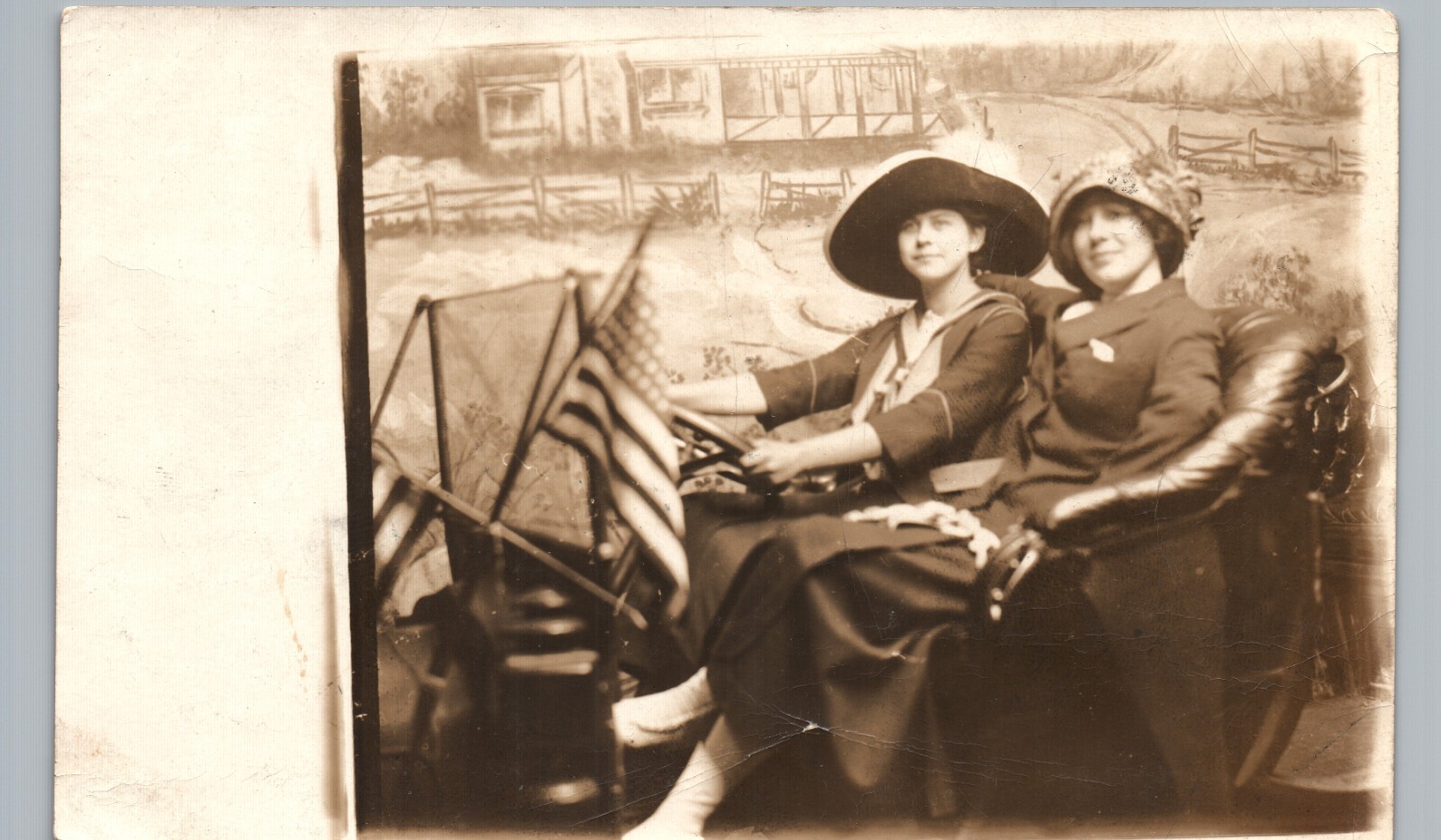 LADIES RIDING SILLY PROP CAR c1910 real photo postcard rppc affectionate girls