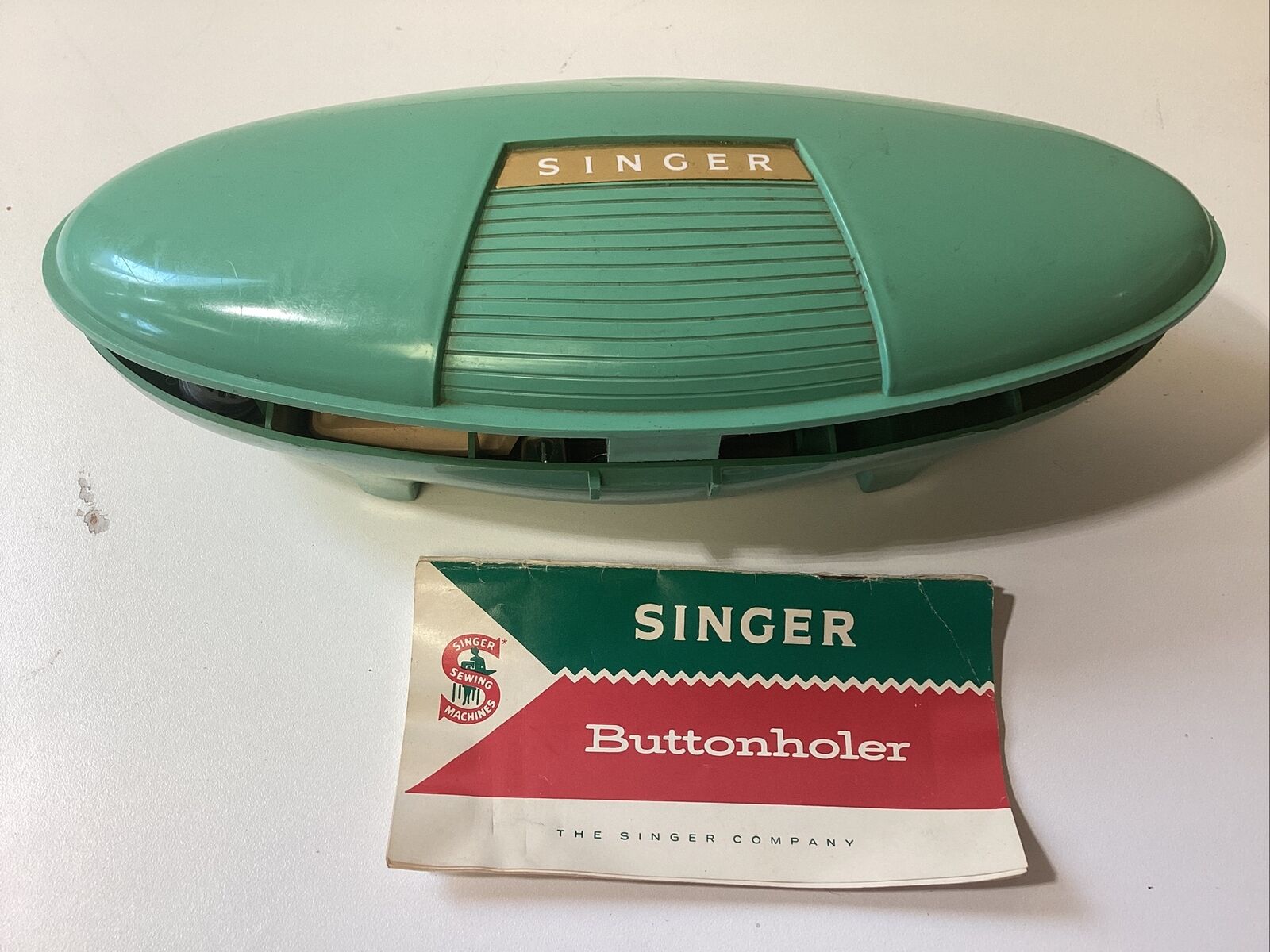 Vintage Singer Buttonholer with Original Green Clamshell ￼ Case