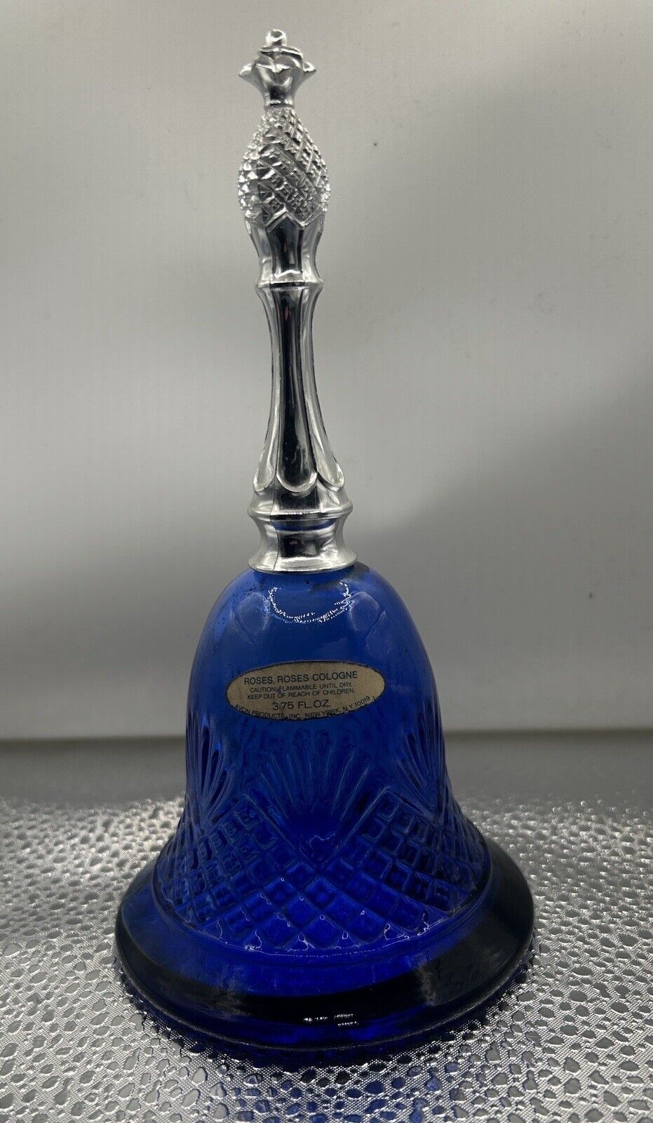 Vintage 1976 Avon Cobalt Blue Bell Perfume Bottle Pineapple Top Roses Roses