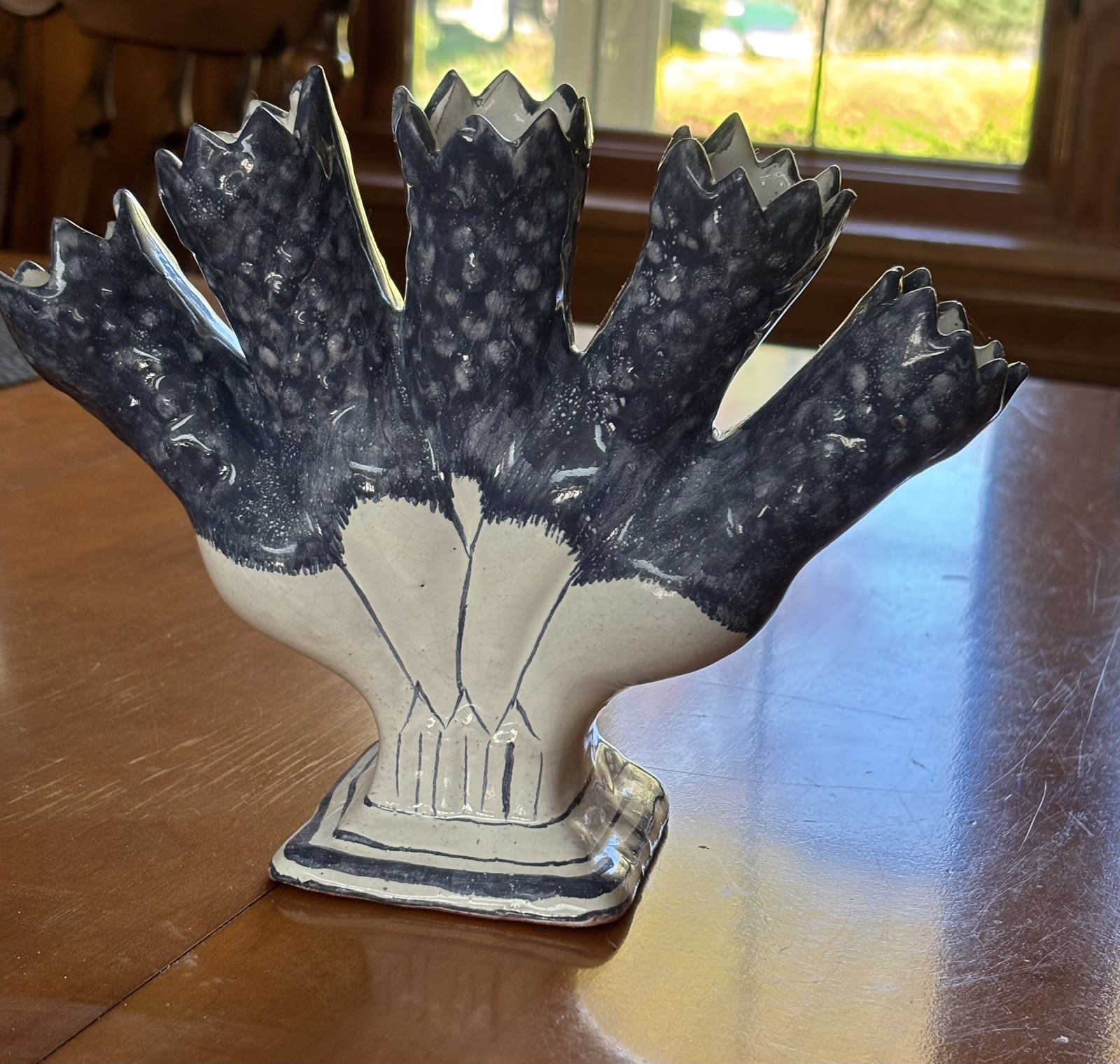 Vintage Five Finger Blue and White Tulip Vase Made in Portugal