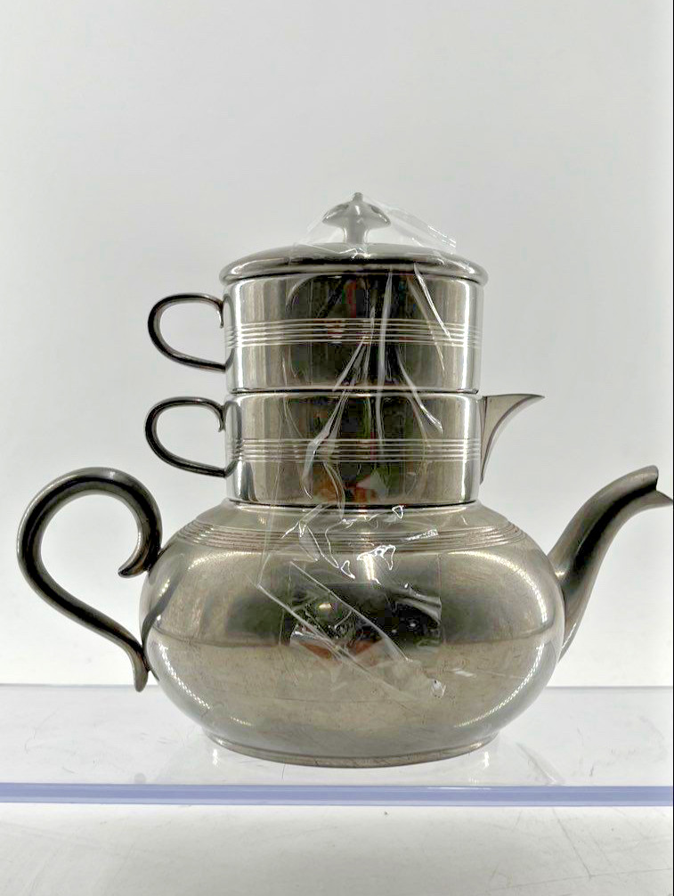 Vintage British Empire Stacked Pewter Decorative Teapot With Lid & Handle