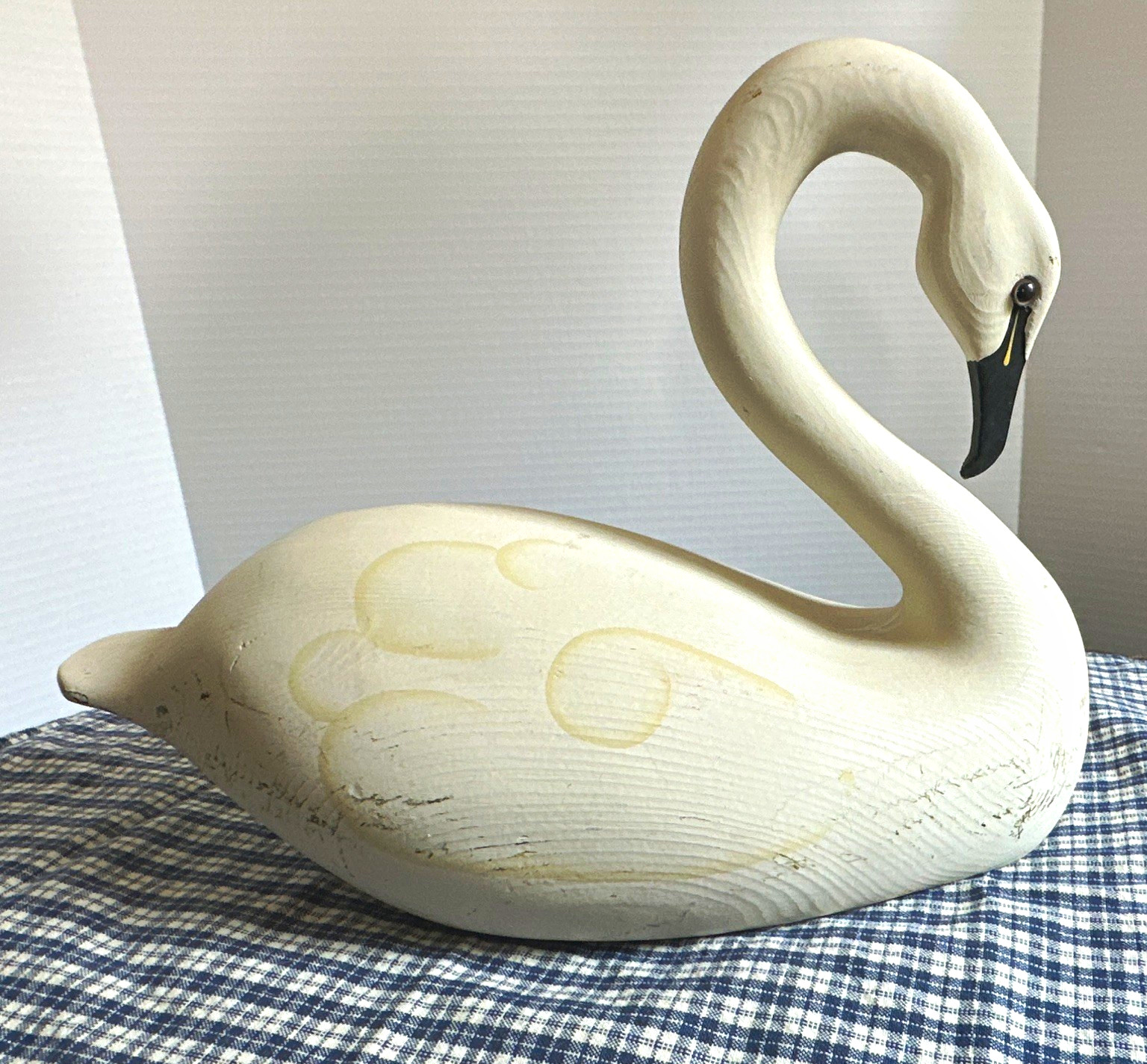 Handmade Carved Wood White Swan Bird Figurine w/ Black Beak, Signed & Dated