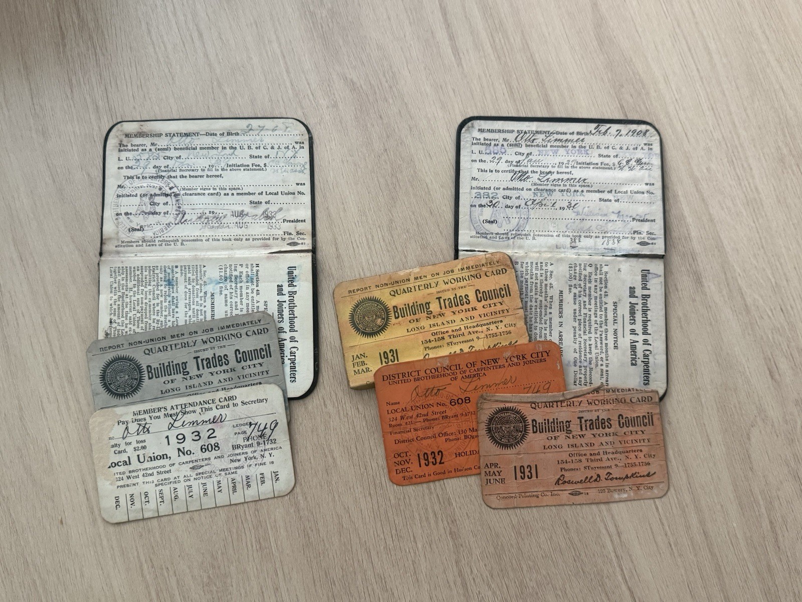 Vintage 1928-1933 NYC Labor Union Ephemera Lot Carpenters Brotherhood Cards
