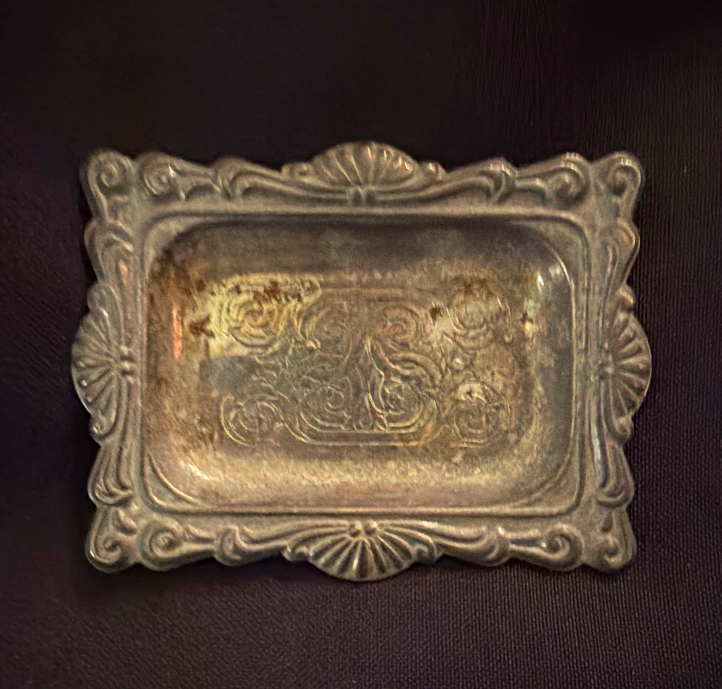 Small Silver Plate Rectangular Tray Dish with Ornate Border, Hong Kong