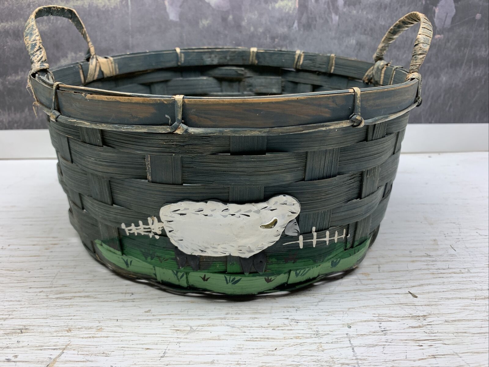 Vintage HandPainted Wicker Woven Wood Covered Basket Sheep 5” Tall X 10.5” Wide