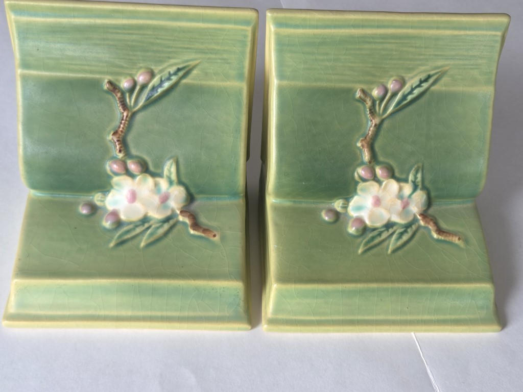 Beautiful, 1940's Roseville Original Book Ends, A Raised Spray of Apple Blossom Beautiful, 1940's Roseville Original Book Ends, A Raised Spray of Apple Blossom