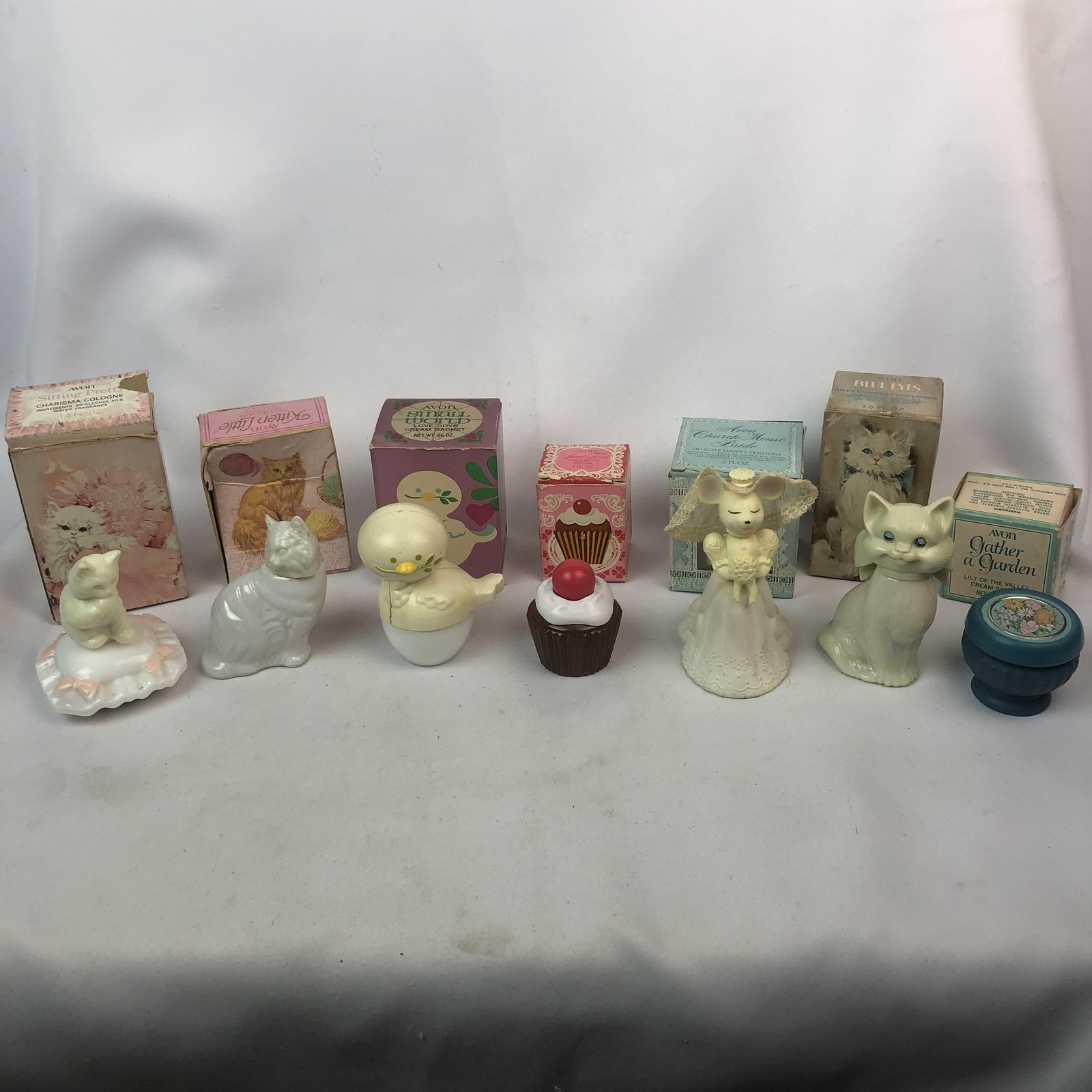Vintage Avon Cologne Bottle Lot 7 Cats Mouse Dove Cupcake Cream Jars READ