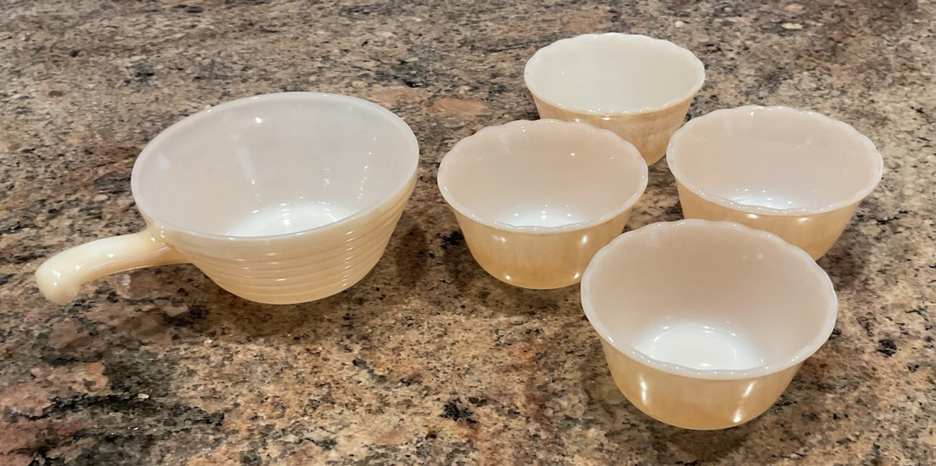 Vintage Fire King 6oz custard cups Peach Lustre Finish & Soup Bowl With Handle
