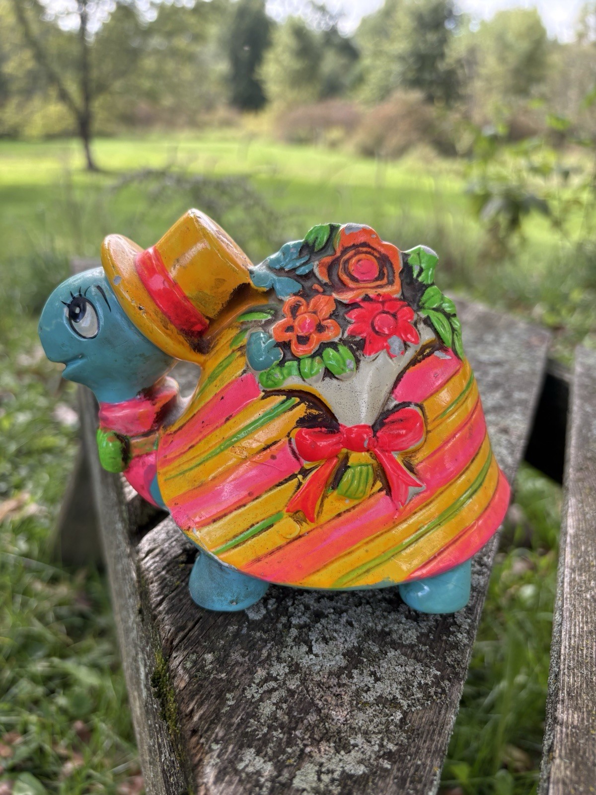 Vintage 1968 Holiday Fair Japan Psychedelic Turtle Bank Piggy Bank with Stopper