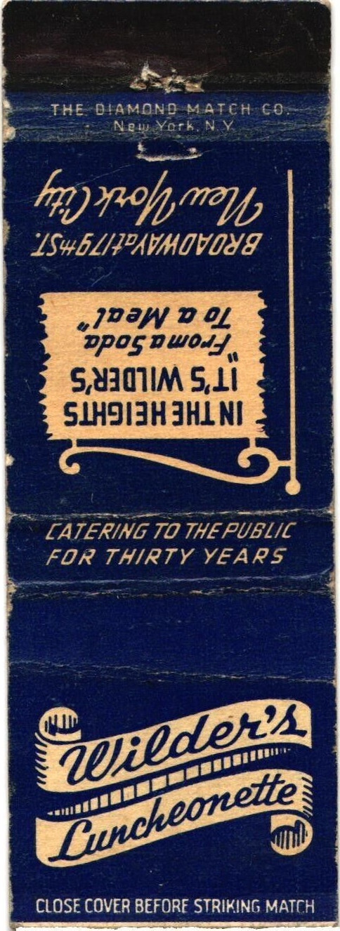 Wilder\'s Luncheonette New York City NY Vintage Matchbook Cover 1950s