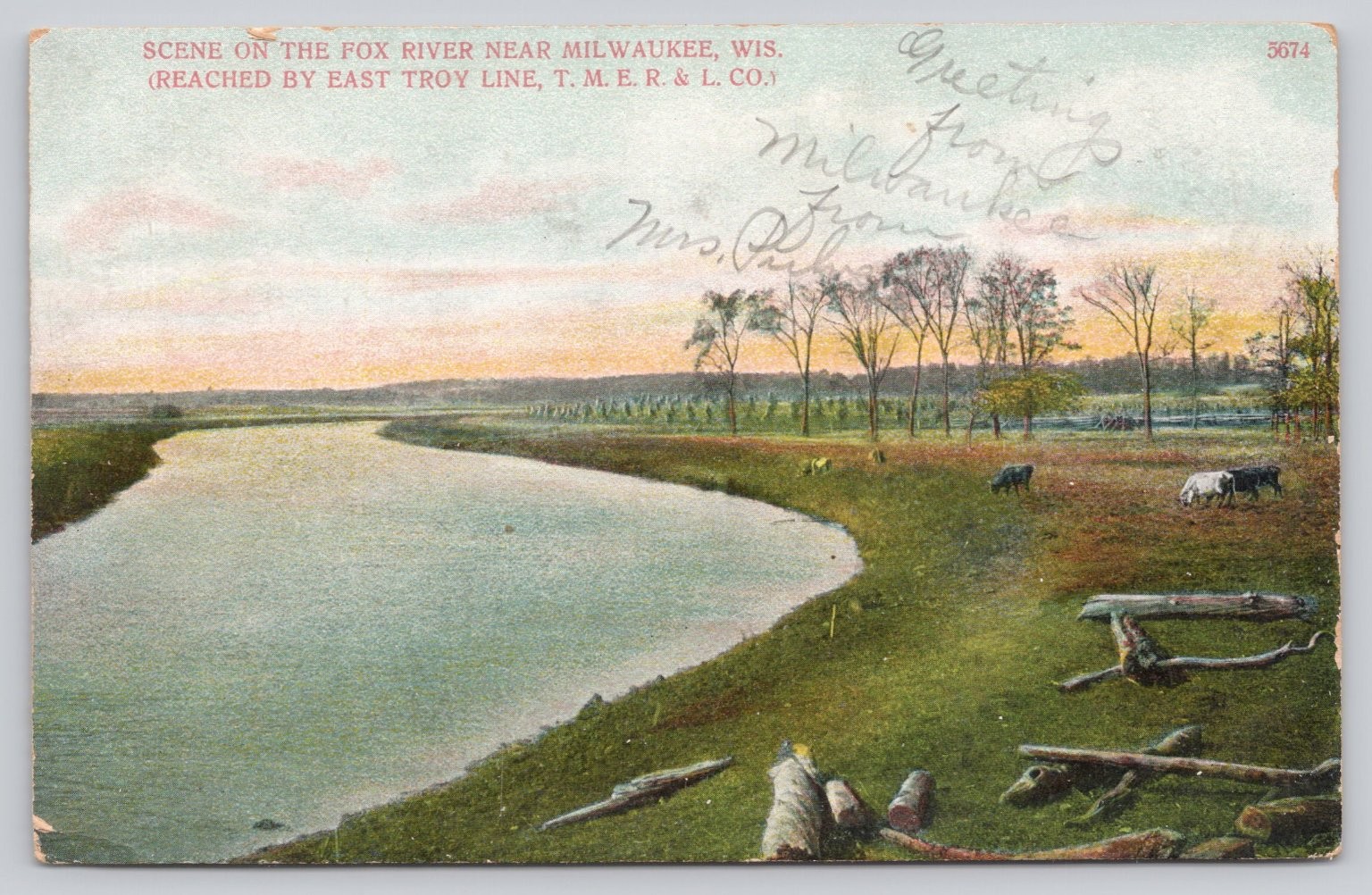 Vintage Postcard Fox River Milwaukee, WI East Troy Line T.M.E.R. & L. Co. Vintage Postcard Fox River Milwaukee, WI East Troy Line T.M.E.R. & L. Co.
