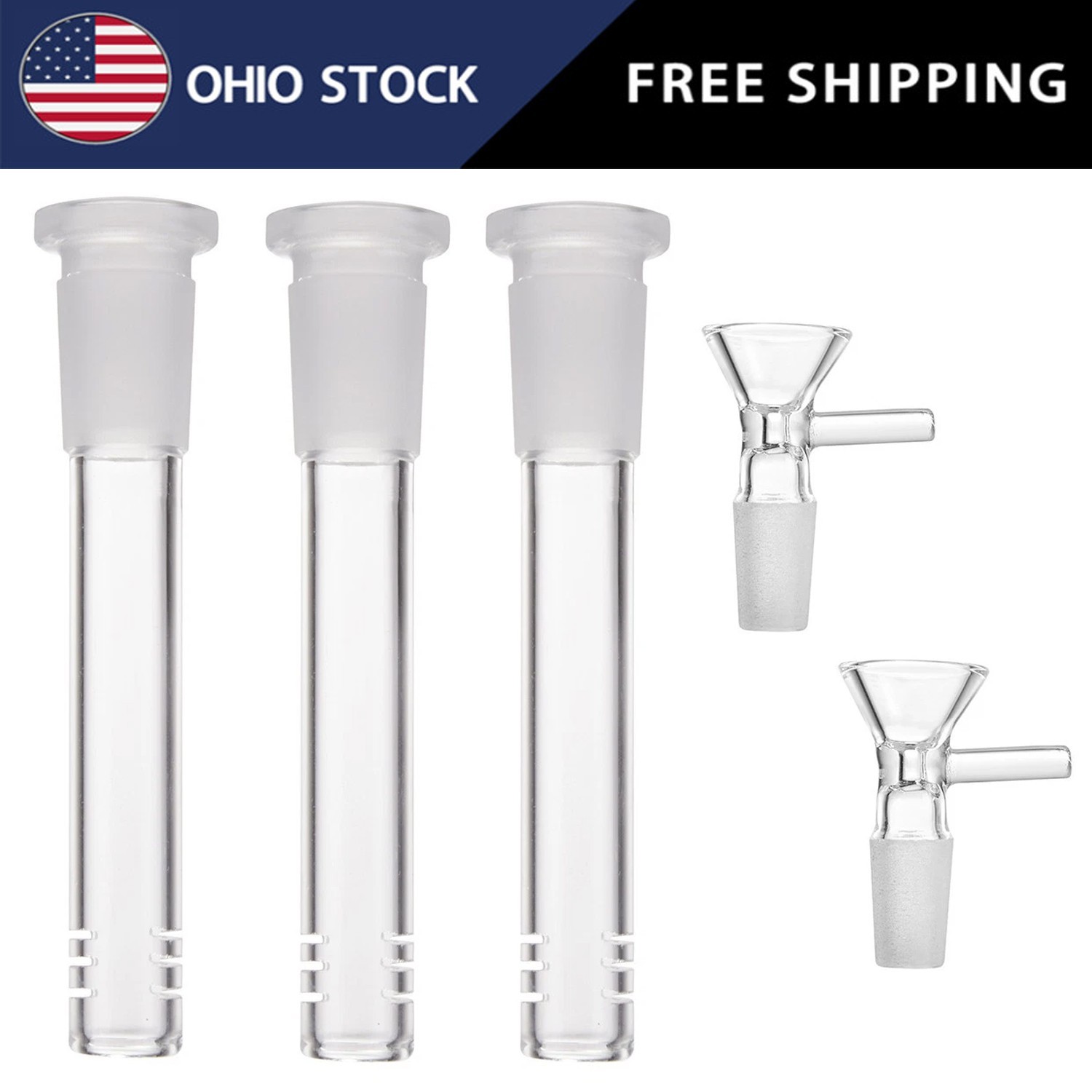 3-Pack 4.3\'\' 14mm Glass Downstem and 14mm Male Bowl Piece for Glass Bong-US SHIP
