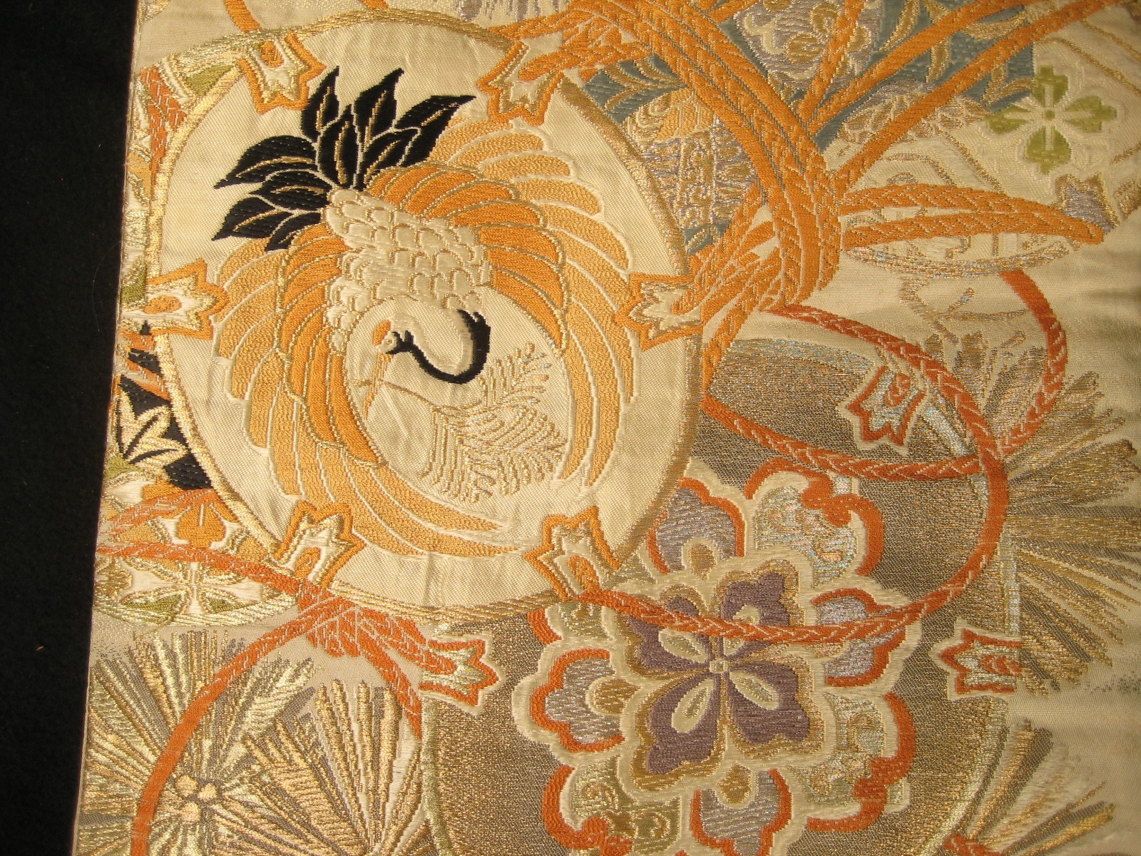 ANTIQUE  JAPANESE  FORMAL MARU OBI  SILK BROKADE CRANE AND PINE NEEDLE DESIGNS