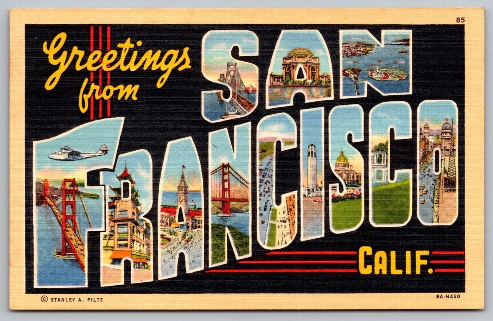 Greetings San Francisco California Golden Gate Bridge American Flag UNP Postcard