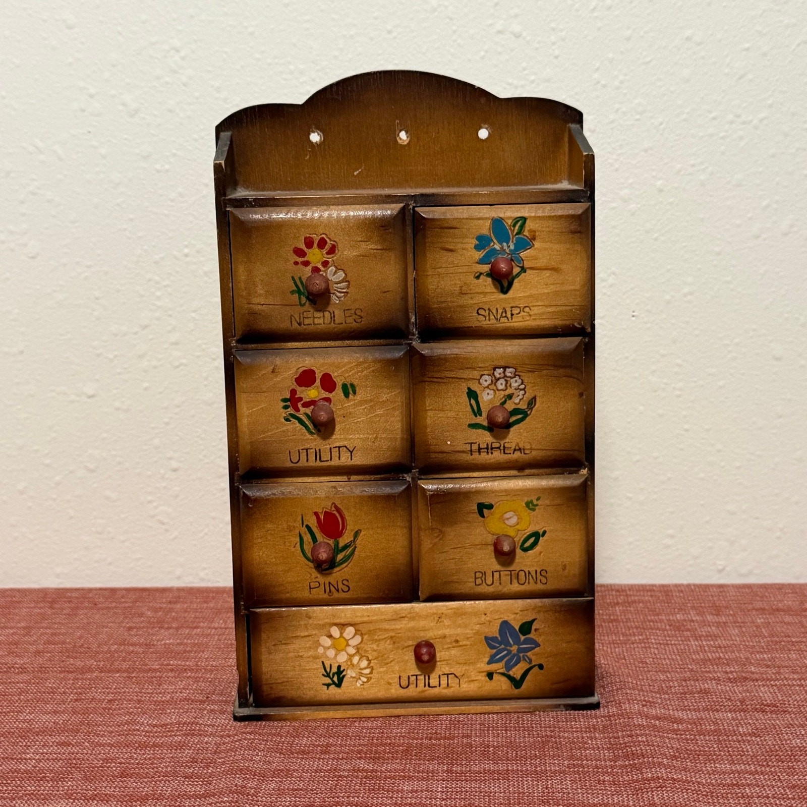 Vintage Wood Sewing Notions Box 7 Drawer Hand Painted Flower Chest Japan