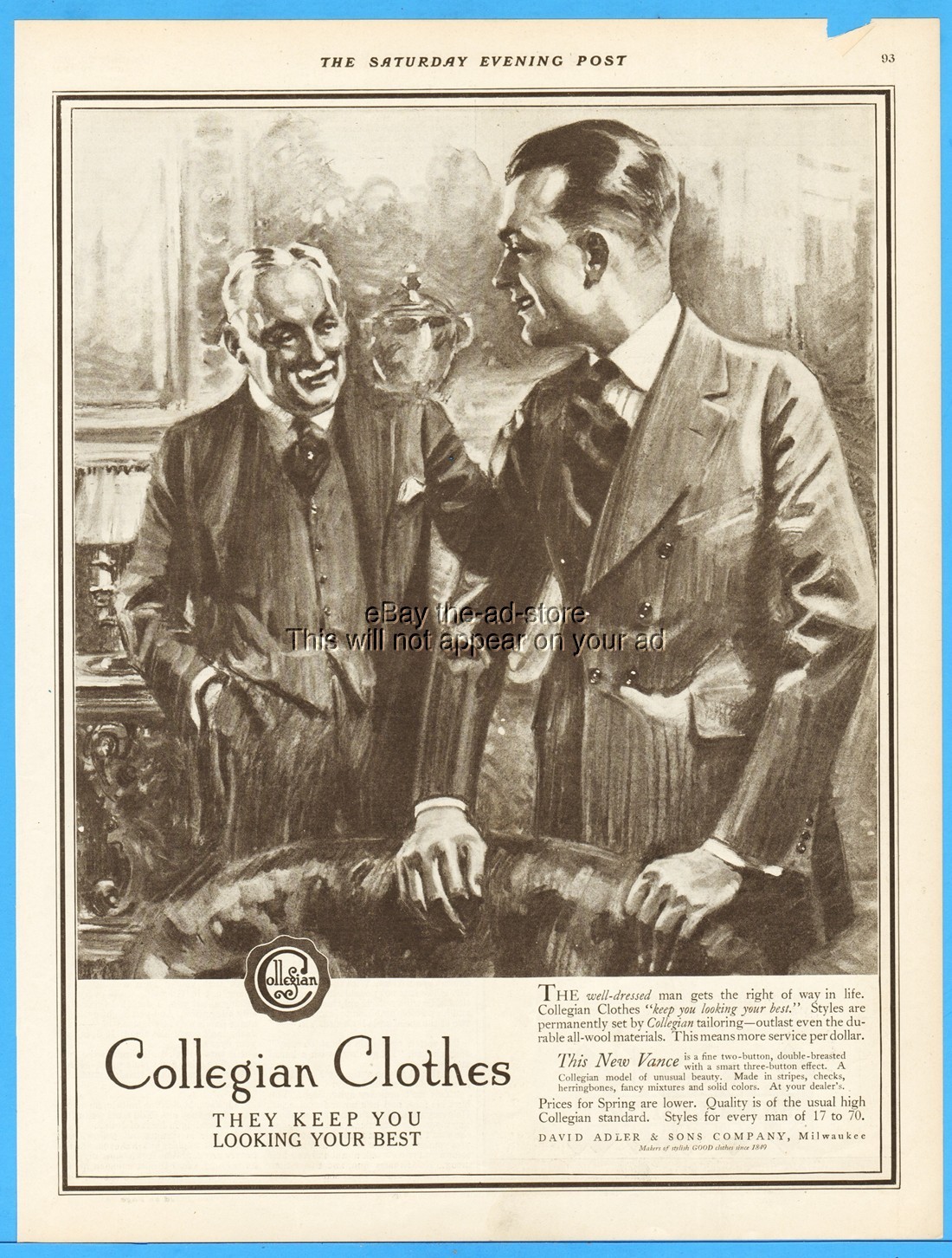 1921 David Adler Milwaukee WI Collegian Clothes Vintage Fashion Clothing Ad
