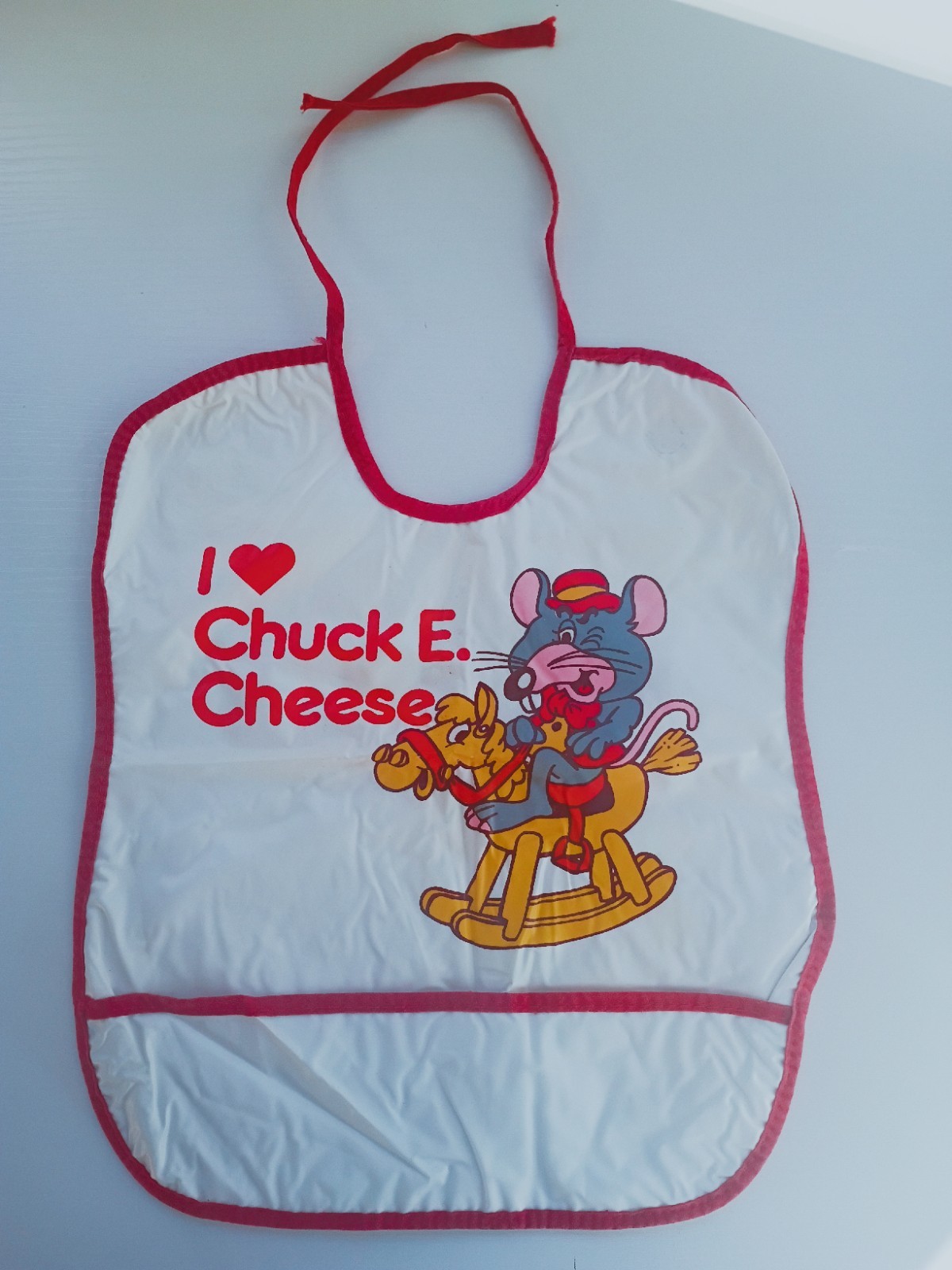 VTG 1970's Chuck E. Cheese Vinyl Trough Bib Tie Neck Original Mouse RARE READ