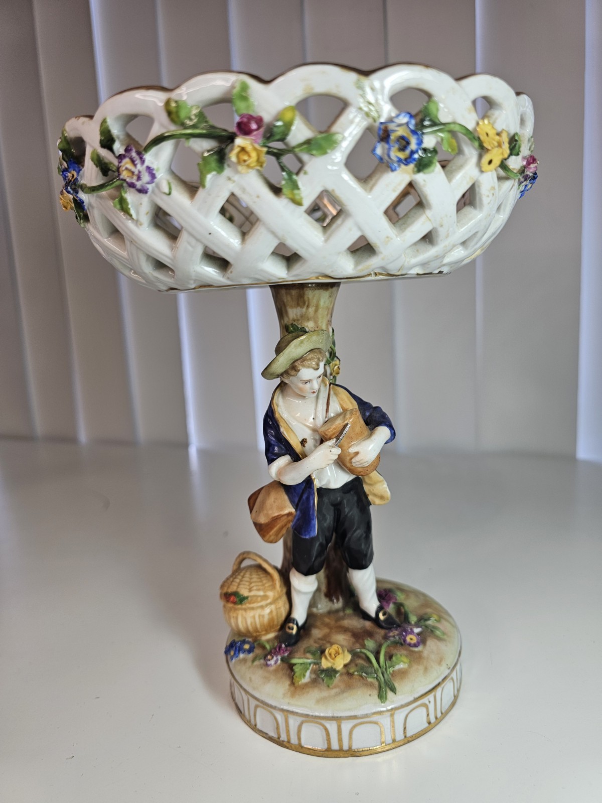 Antique German Porcelain Figural Compote Basket C.G. Schierholz Style Floral