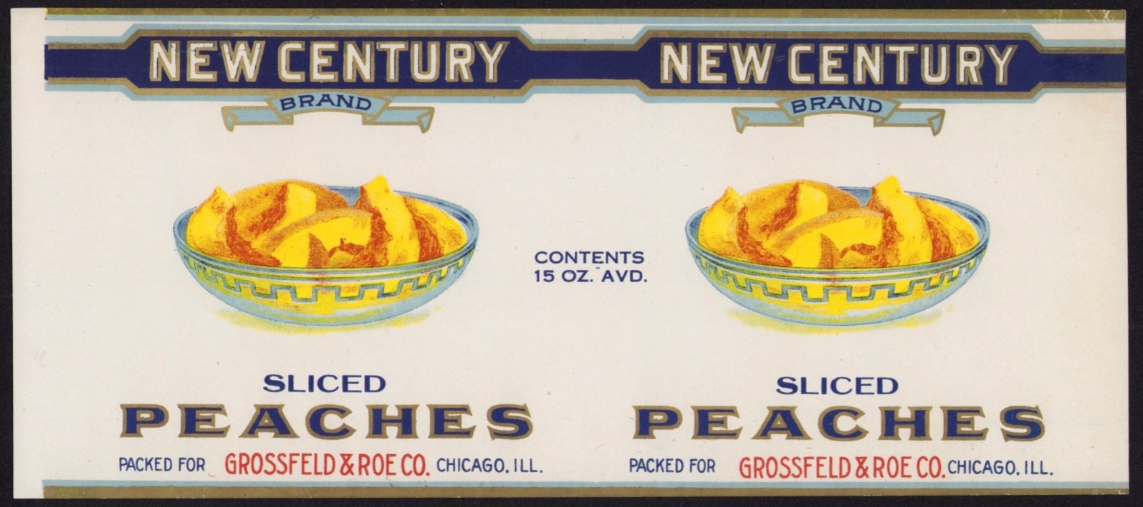 NEW CENTURY BRAND SLICED PEACHES antique can label CHICAGO IL file sample 1920 NEW CENTURY BRAND SLICED PEACHES antique can label CHICAGO IL file sample 1920