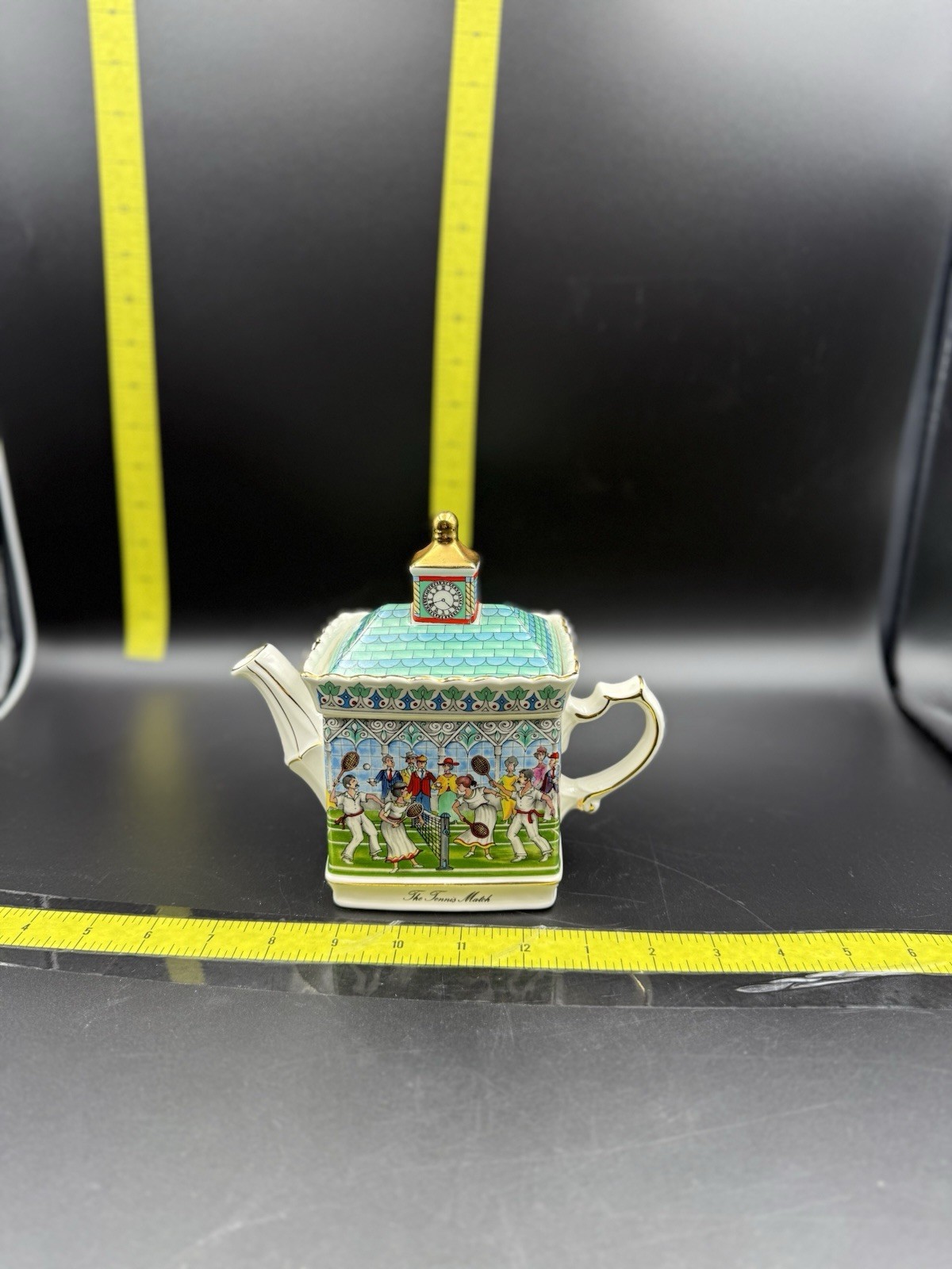 Sadler England “The Tennis Match” Teapot Vintage Sports Scene Gold Trim 1960s