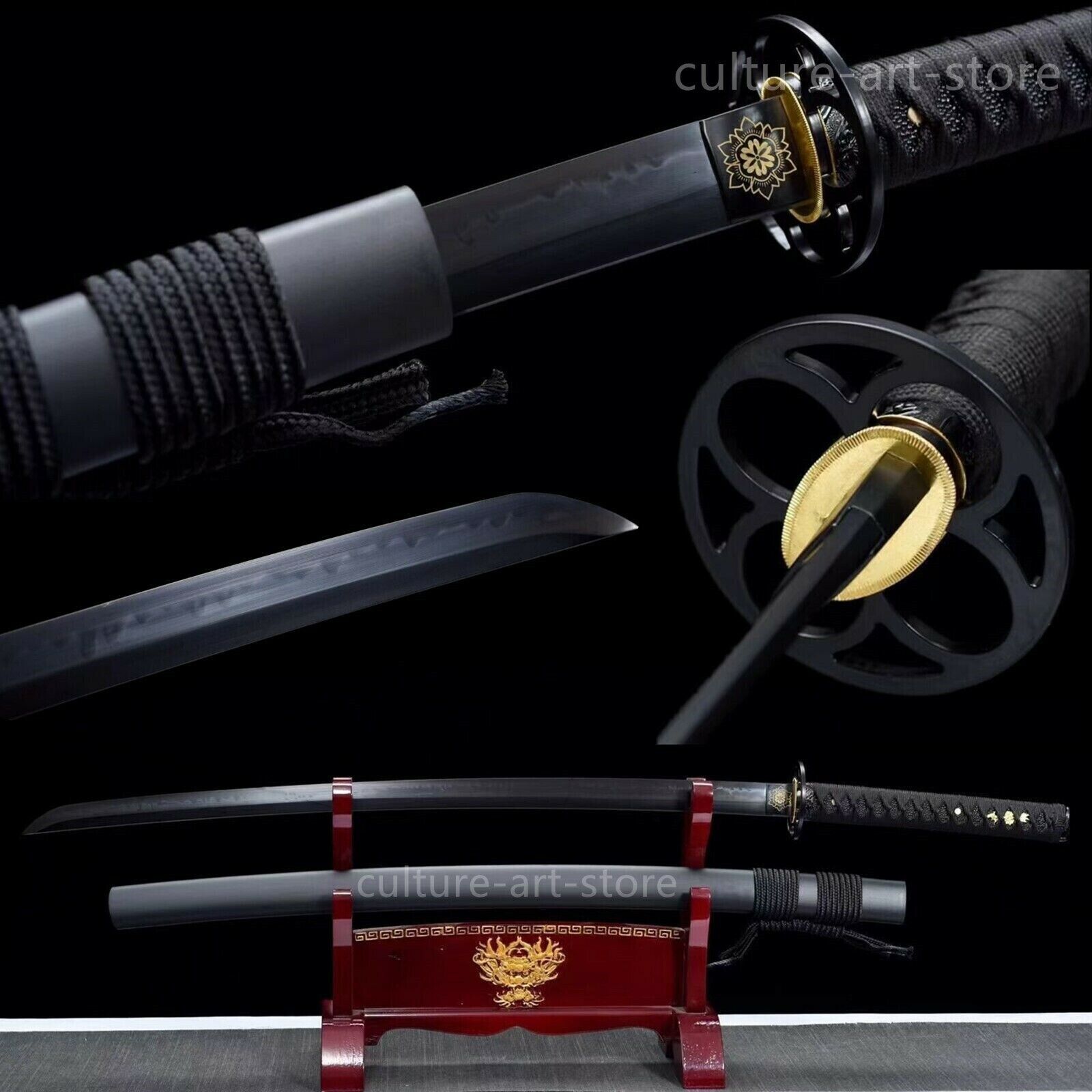 Full Black Clay Tempered T10 Steel Japanese Samurai Katana Sword Sharp Cut