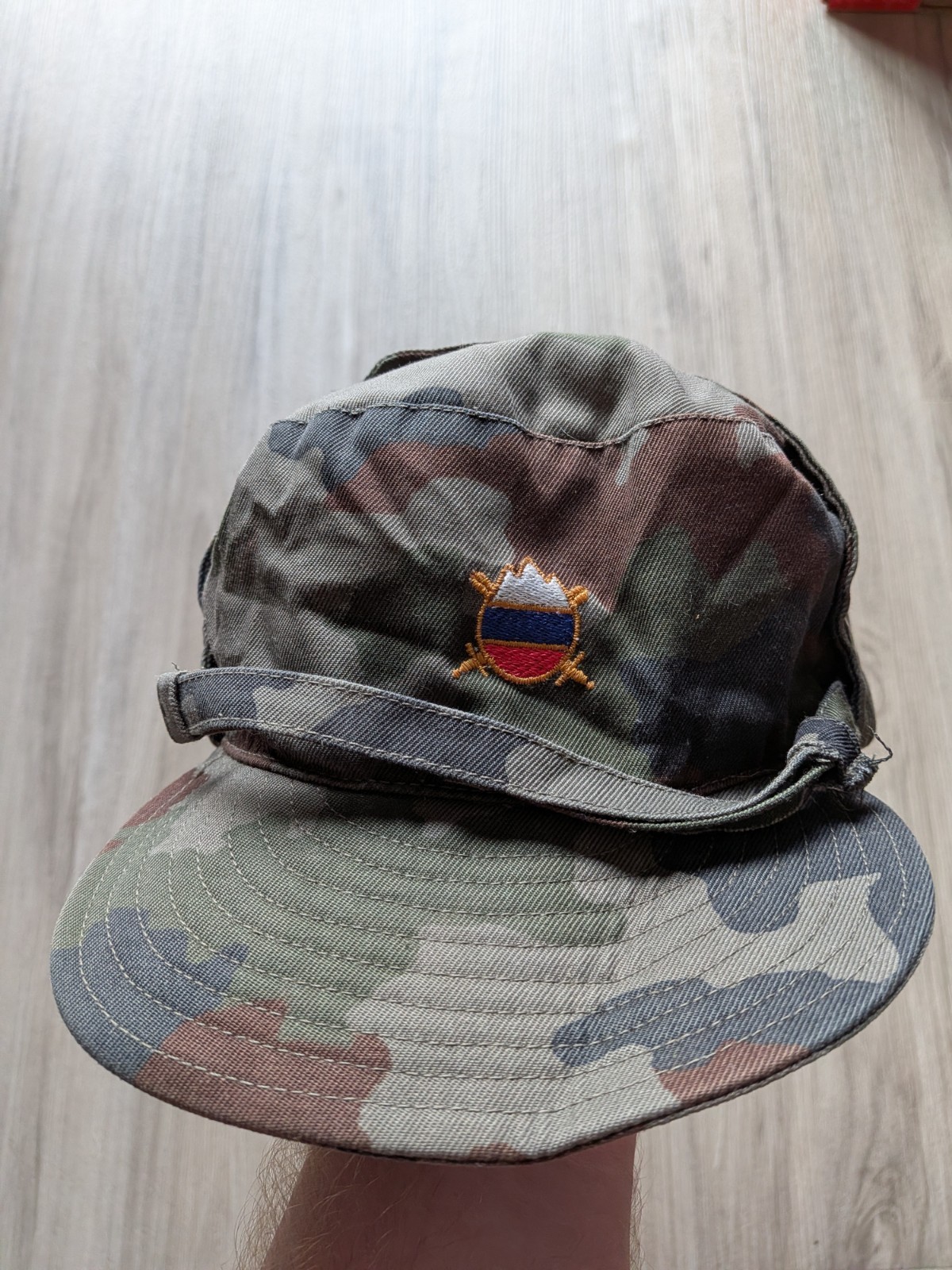 Vintage Slovenian Army M91 Camo Winter Field Cap with Triglav Patch Ear Flaps Sz