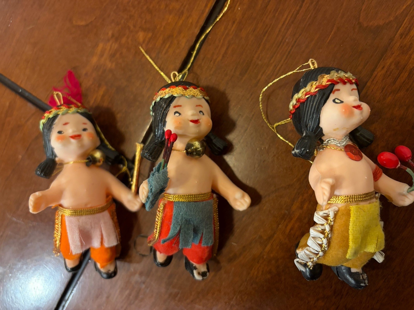 3 Vintage 1950\'s Vintage Flocked NATIVE AMERICAN INDIAN Christmas Ornaments