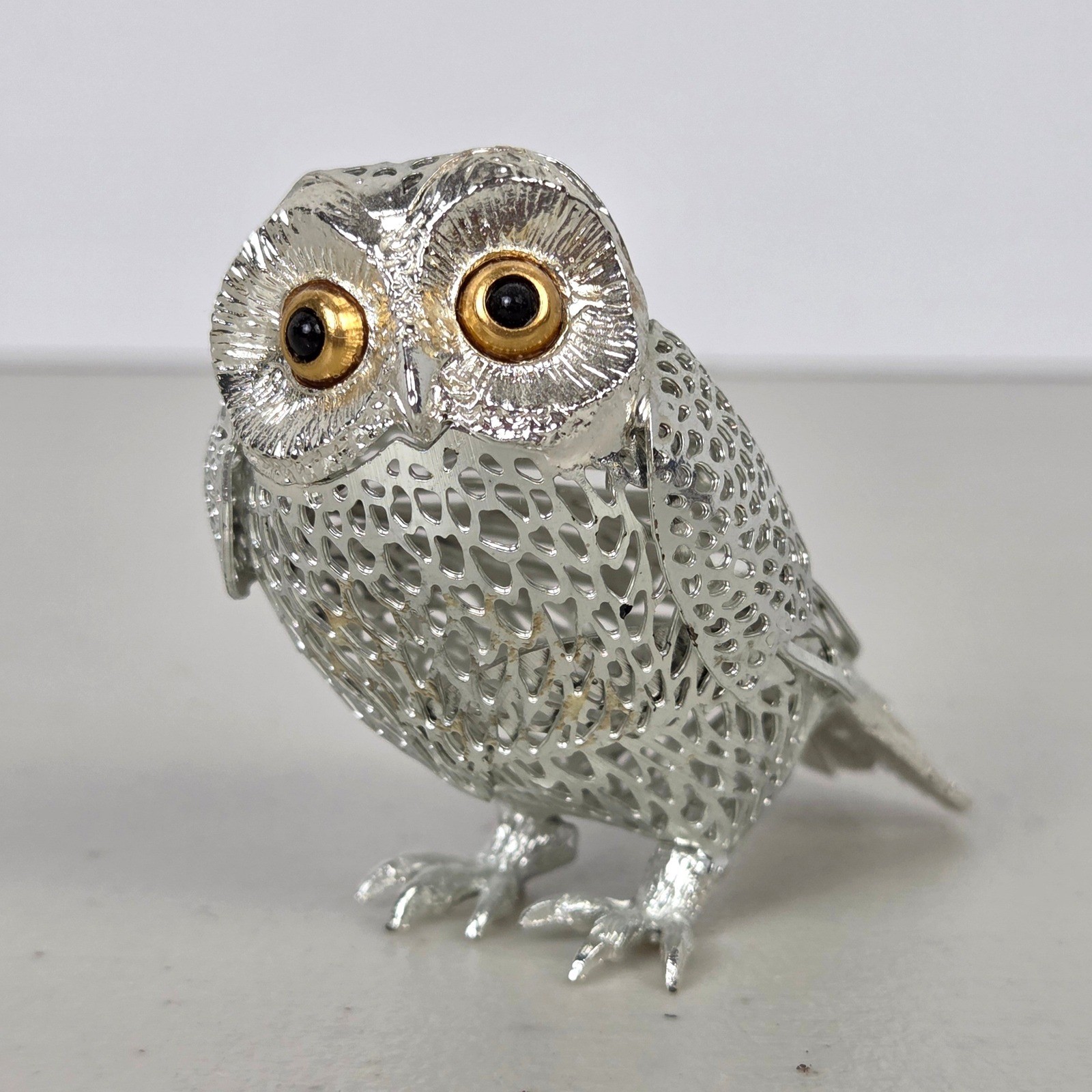 Christofle France Silver Plated Owl Figurine Lumiere Filigree Gold Eyes 2\
