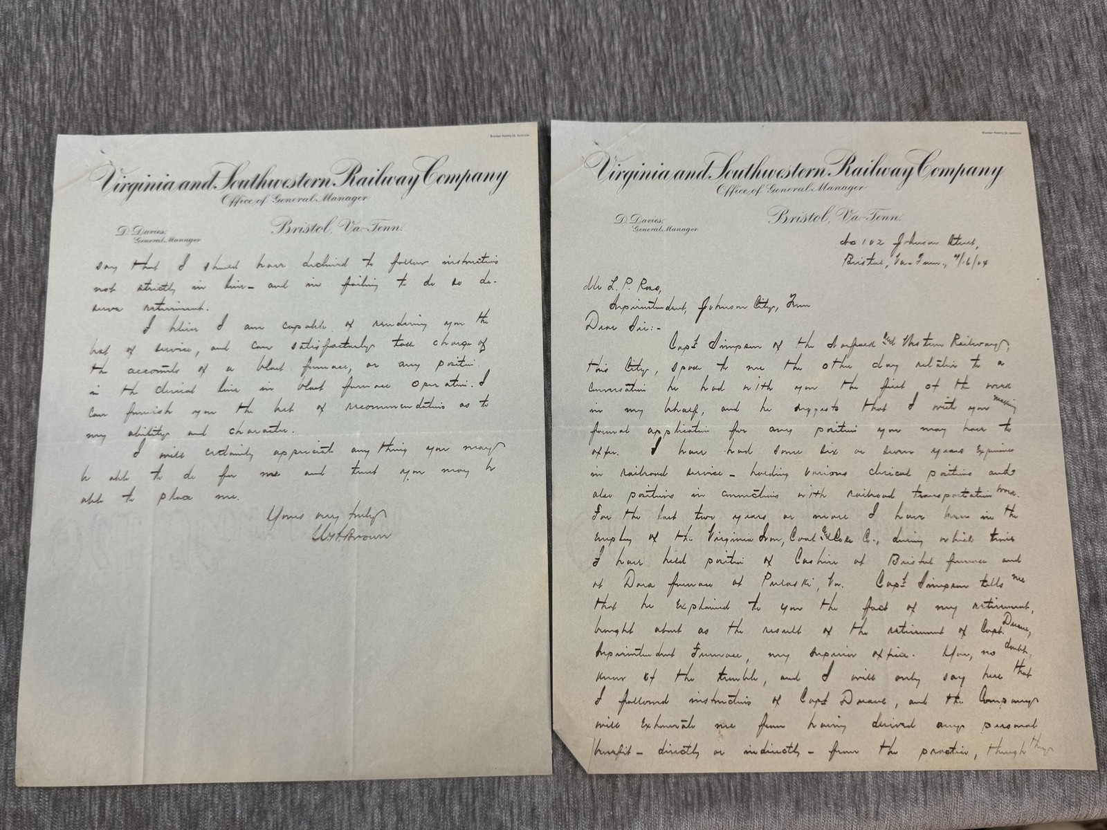 Antique 1904 Virginia & Southwestern Railway Co Letters Bristol Va-Tenn USA