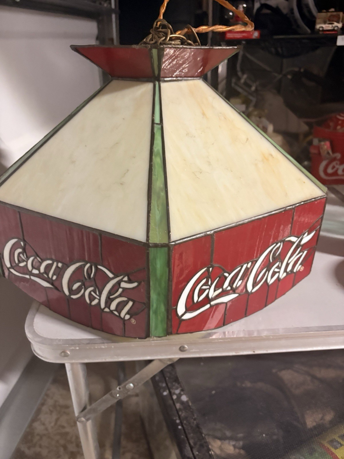 Vintage 70s Nostalgic Coca-Cola Stained Glass Hanging Lamp Top 6 Sided