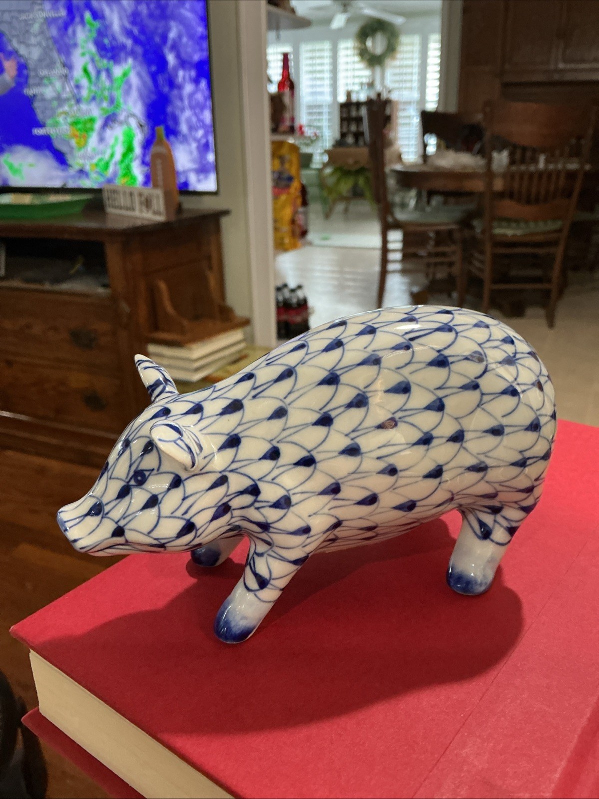 Andrea By Sadek Porcelain Fishnet Pig Hand Painted Blue and White Vintage
