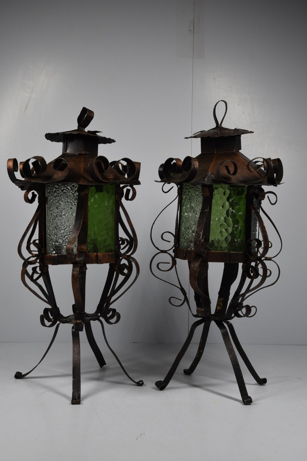 2 Vintage Spanish Revival Hanging Lamp Lanterns Green Clear Folk Art 6 Panels