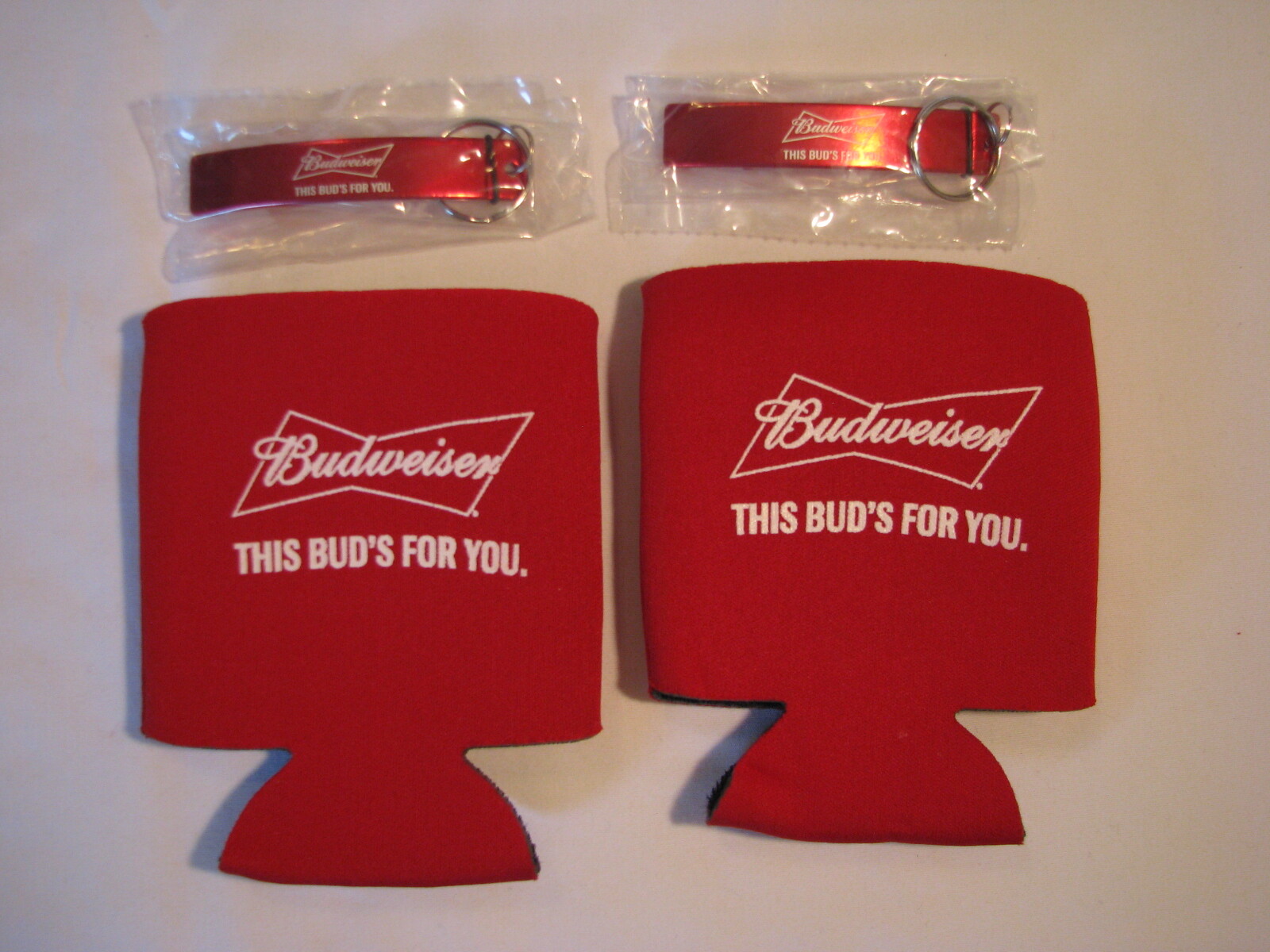 NEW-OLD TWO BUD & BURGERS BUDWEISER THIS BUDS FOR YOU KOOZIE & BOTTLE OPENERS 