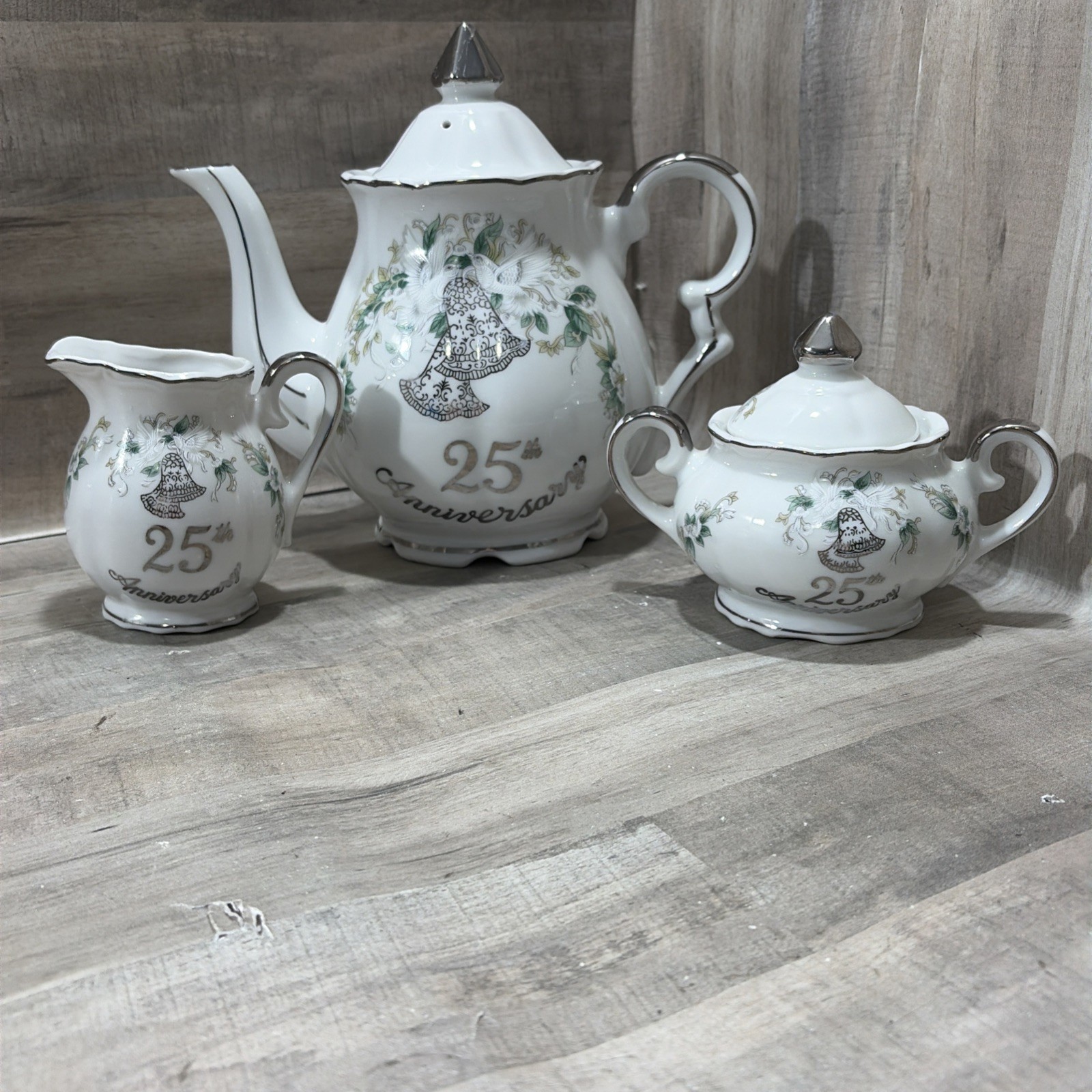 Vintage Lefton China 25th Anniversary Hand Painted Teapot, Cream & Sugar Set