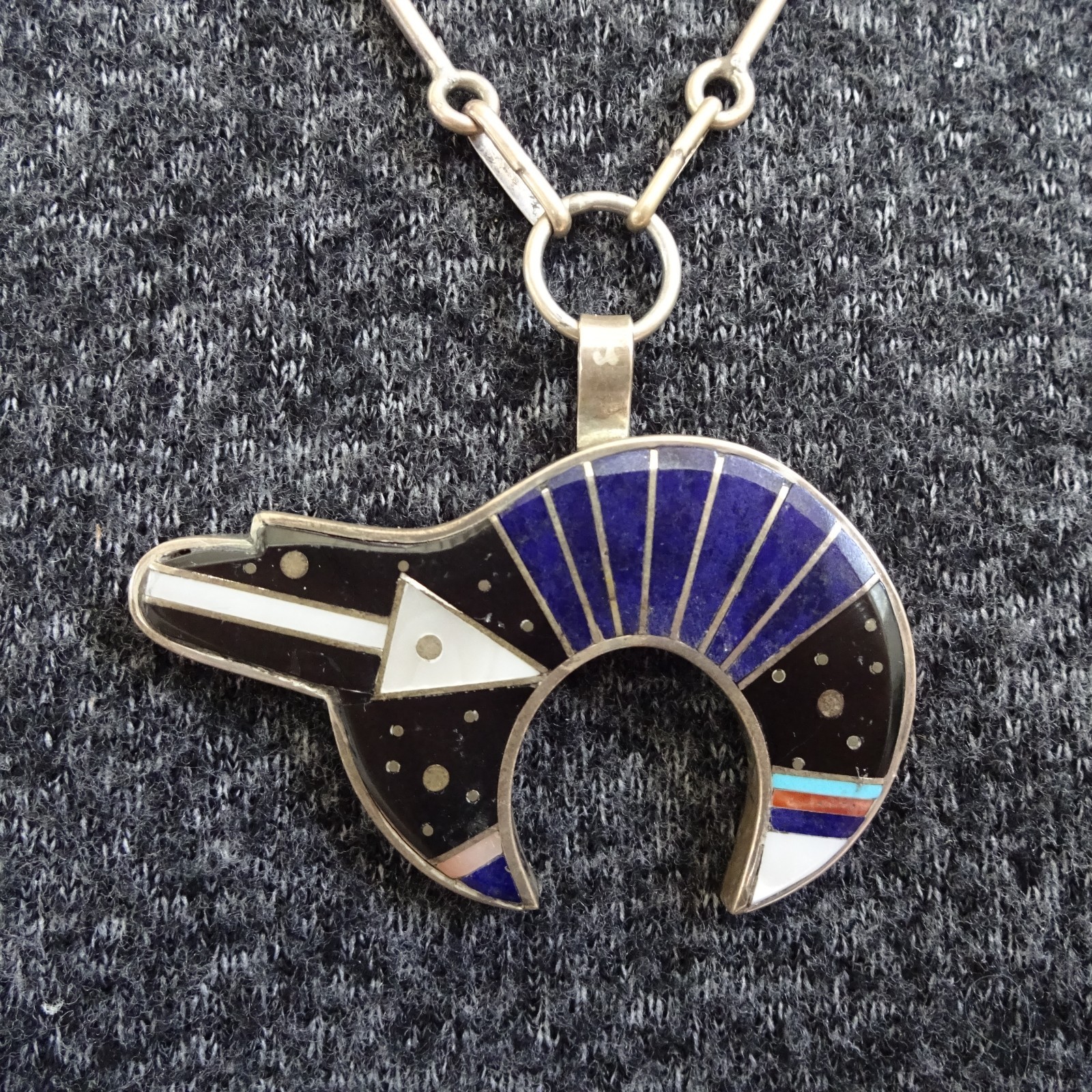 Vintage HAROLD SMITH Navajo LAPIS JET Inlay Sterling Silver NECKLACE Sacred Bear