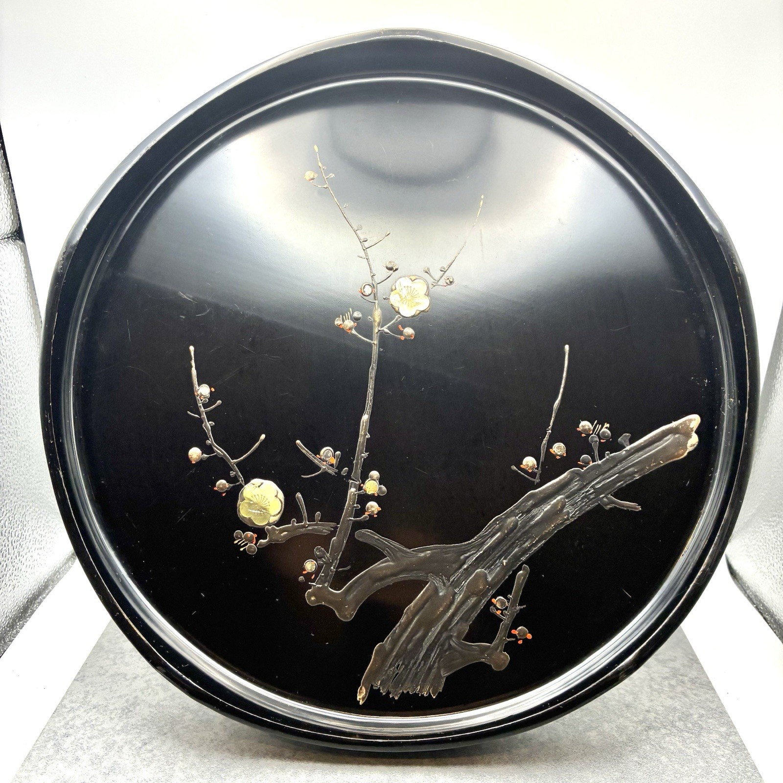 Vintage Japanese Raden Tray Plum Blossom Mother of Pearl Inlay Lacquerware Japan