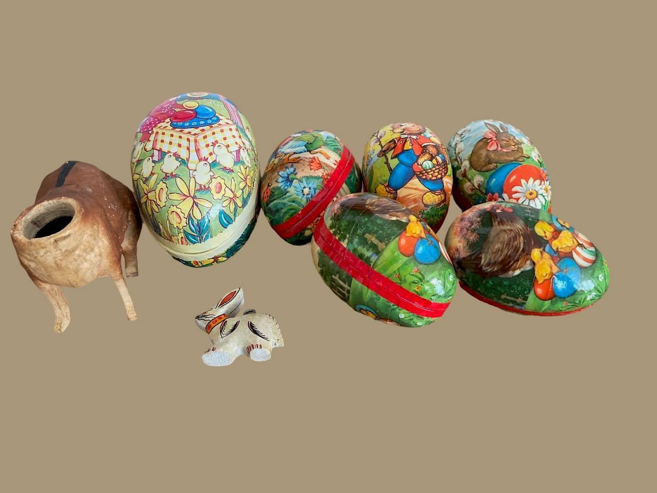 Vintage Paper mache German Egg Candy Containers and Rabbit Body Lot of 8