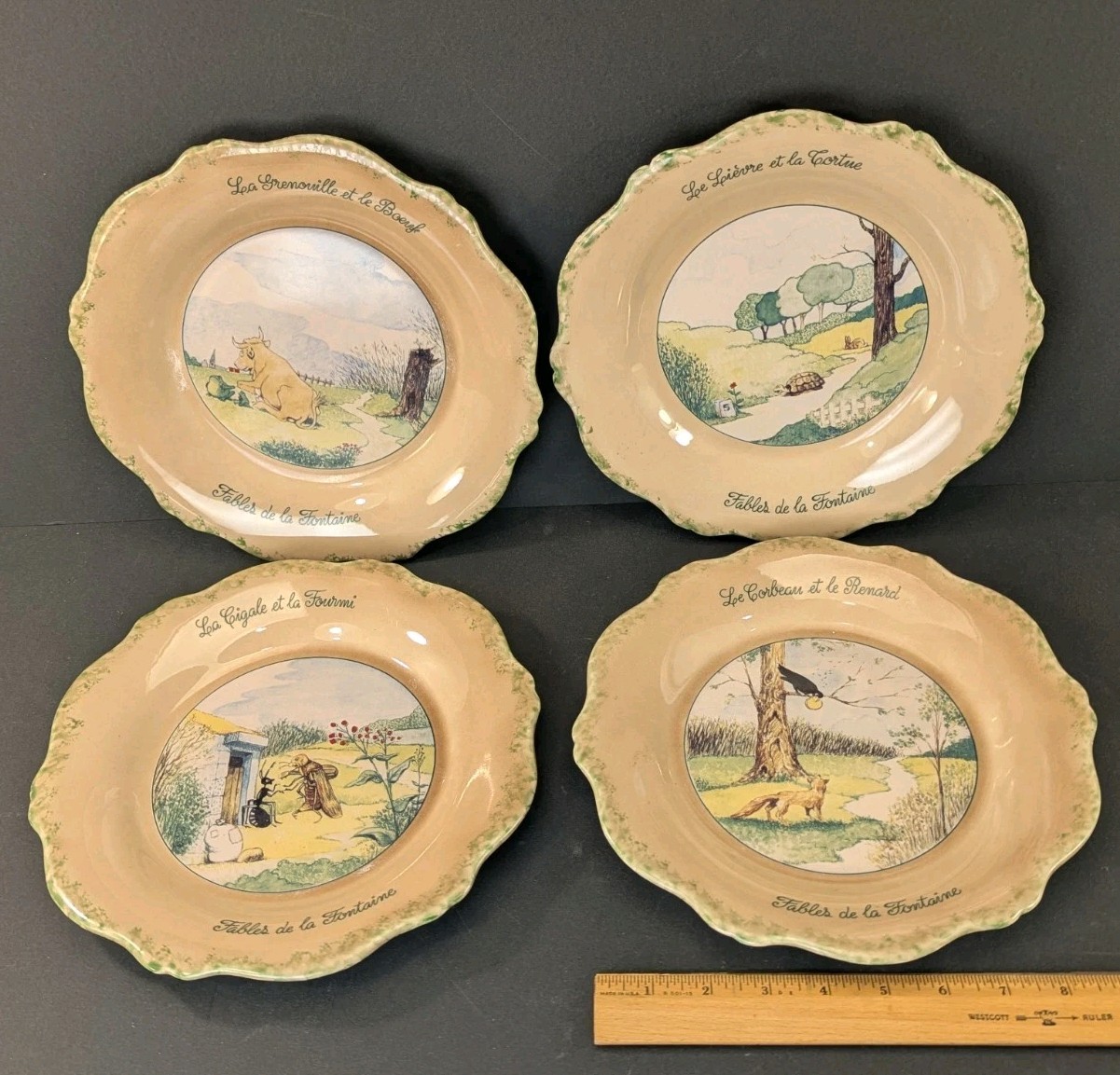 4 Vintage Jars France Plate Set F&S Tortoise & The Hare Fables de la Fontaine